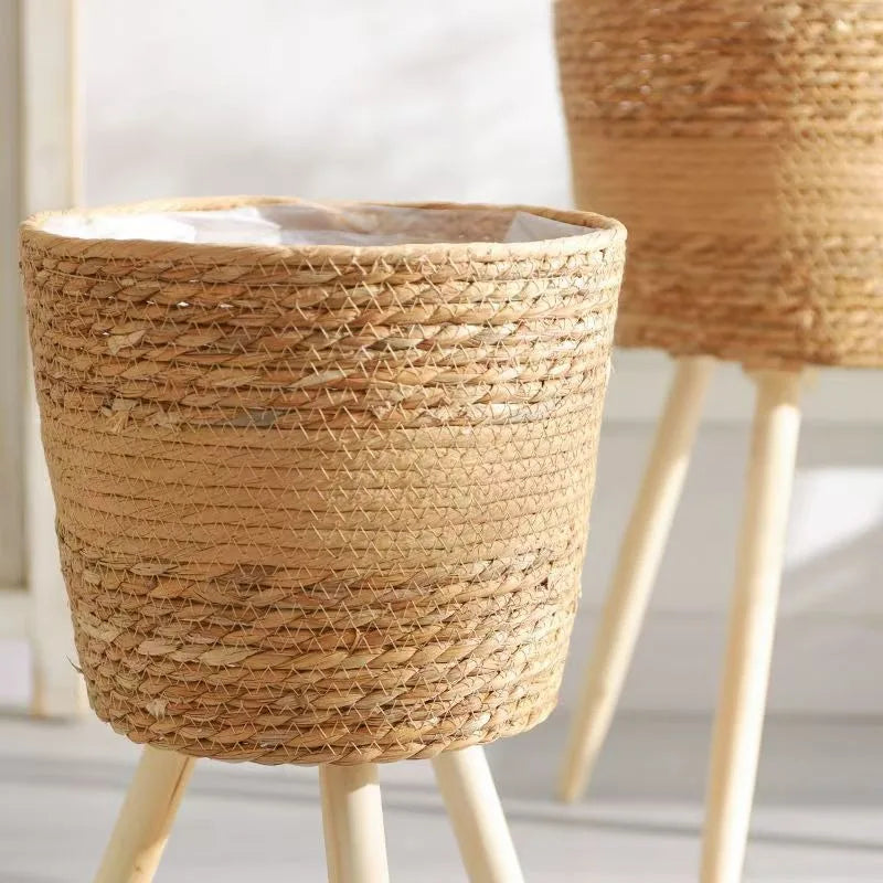 Wood Woven Plant Pot on Standing Flower Pot Storage Basket Indoor Planters Classic Style Garden Decor Essentials Home Decoration