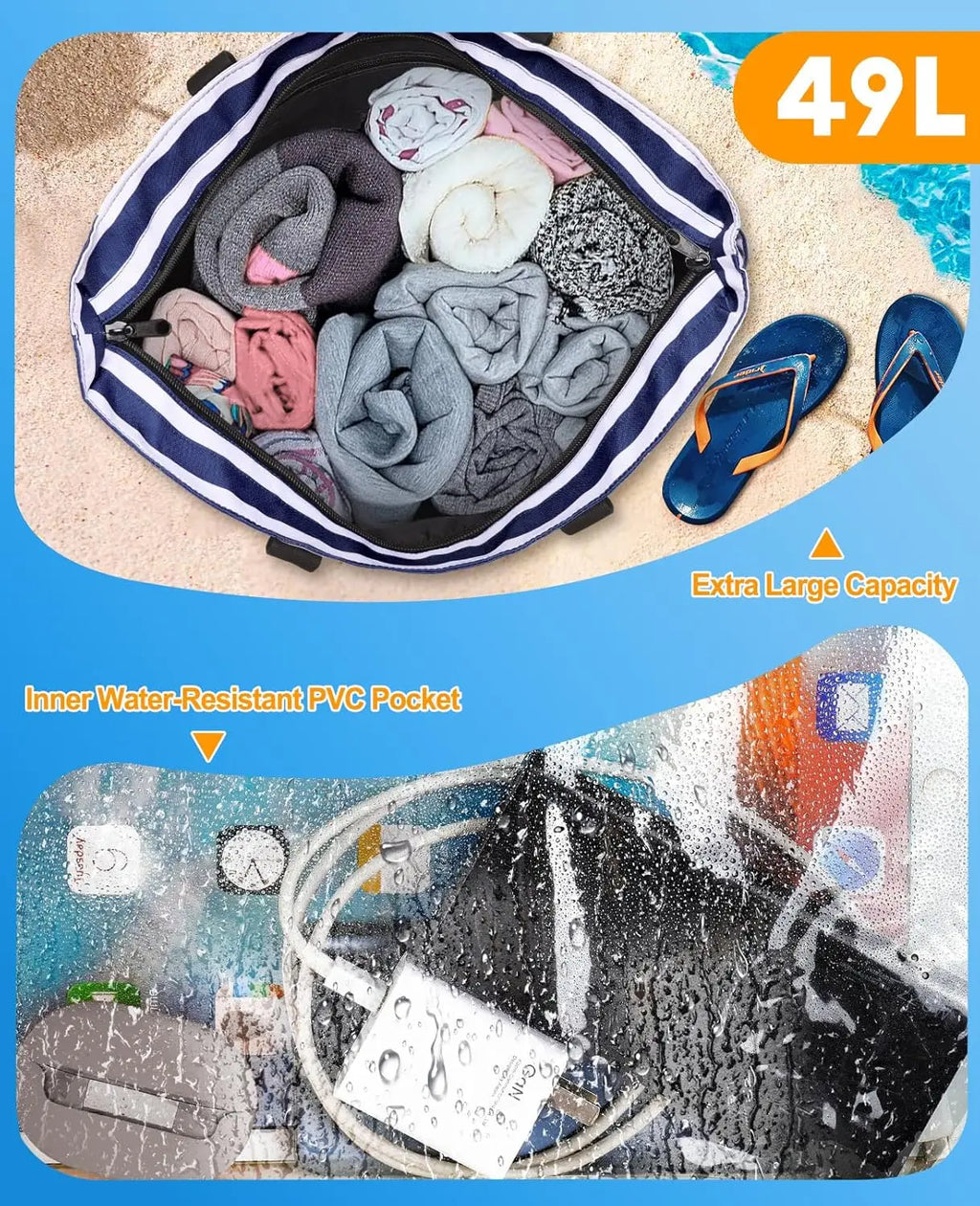 Beach Bag with Cooler, 49L Waterproof Sandproof Tote with Zipper, Foldable Travel Bag for Pool Picnic