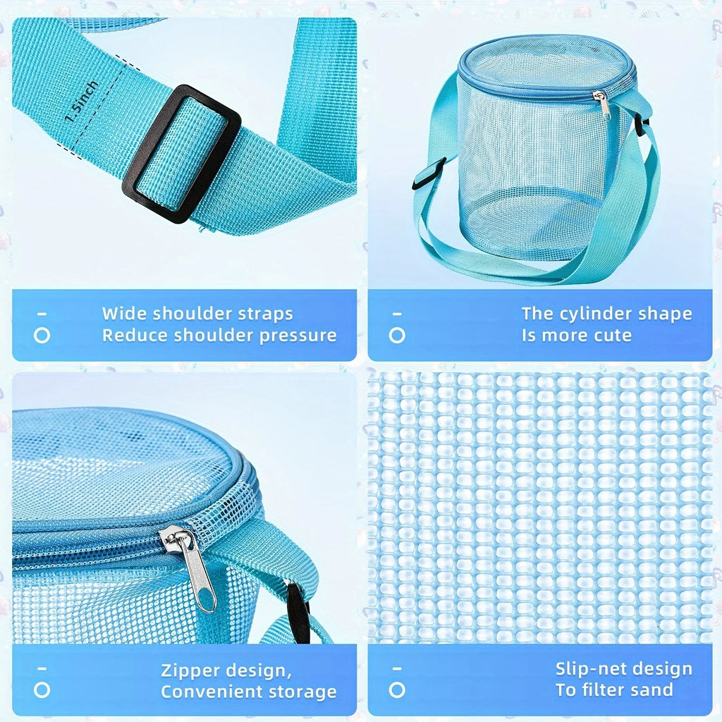Colorful Beach Toys Mesh Beach Bag with Zipper Sand Toy Seashell Bag Pool Bag Swimming Accessories for Teens Boys Girls