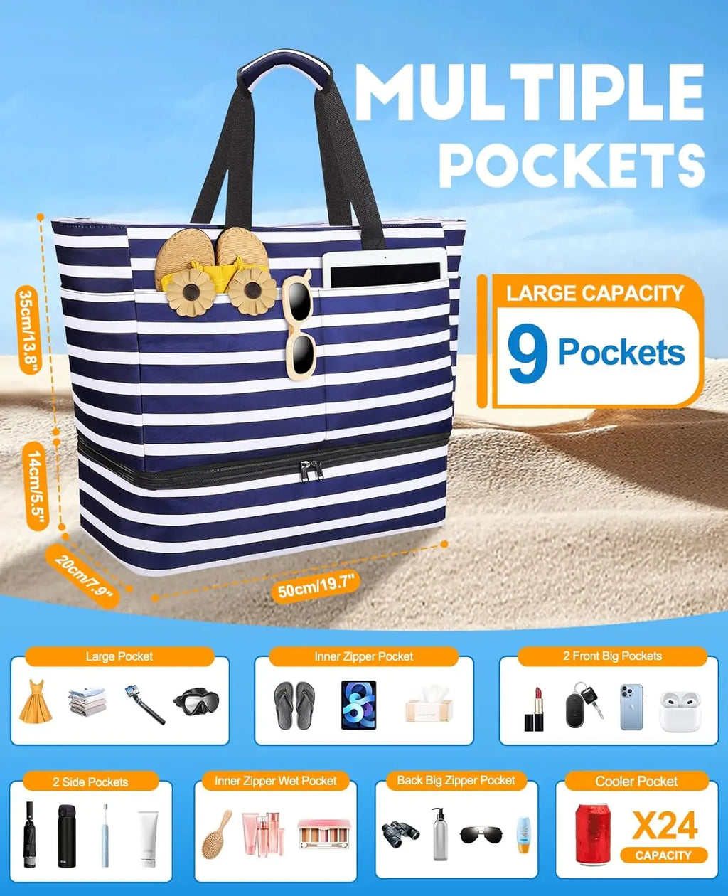 Beach Bag with Cooler, 49L Waterproof Sandproof Tote with Zipper, Foldable Travel Bag for Pool Picnic
