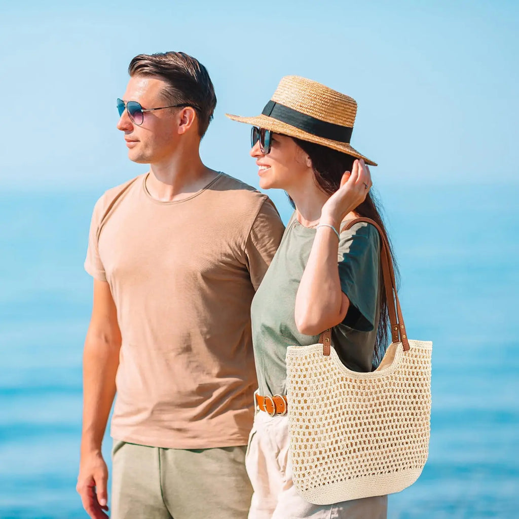 Crochet Beach Bag Purse, Boho Woven Tote with Leak-Proof Lining for Summer Vacation Travel Casual Shoulder Bag Soft
