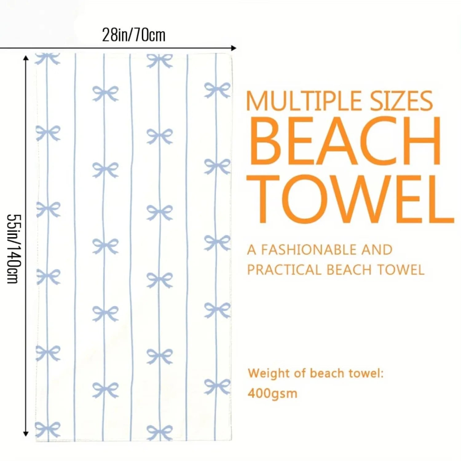 1pc Summer Beach Towel Blue Ribbon Bows On Vertical Lines, Repeating Pattern, Delicate Line Art Style. For Swimming Pool Vacation - Microfiber, Quick-Dry, Sand-Free & Lightweight Extra Large Towel For Pool, Beach, Yoga & Travel -Gift For Adults Women Men