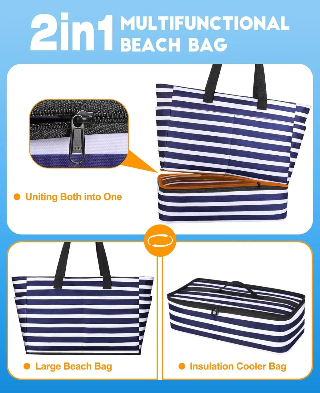Beach Bag with Cooler, 49L Waterproof Sandproof Tote with Zipper, Foldable Travel Bag for Pool Picnic