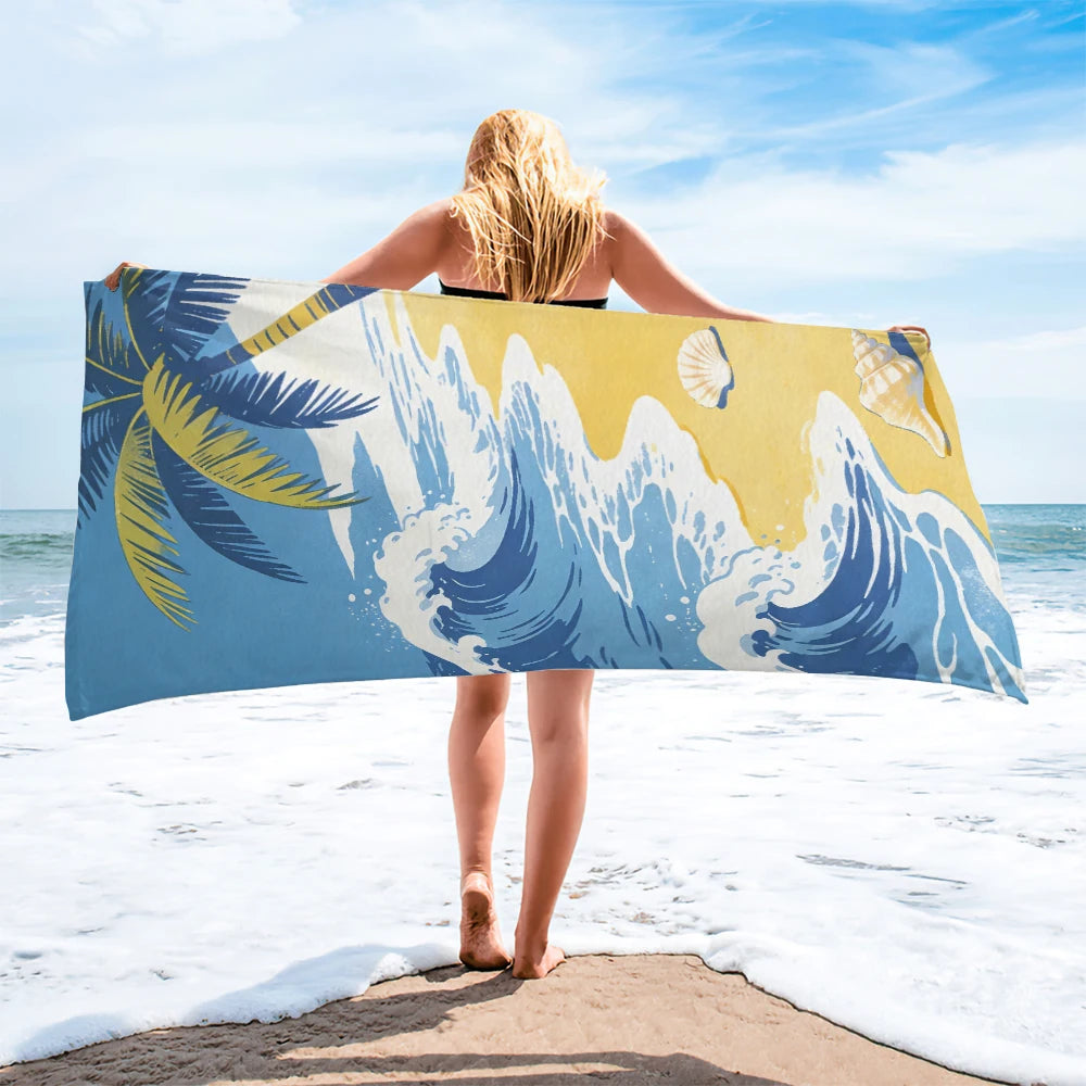 Tropical Beach Towel Palm Tree Ocean Wave Seashell Print Quick Dry Microfiber for Pool Travel Bathroom Decor 28 x 55 Inch