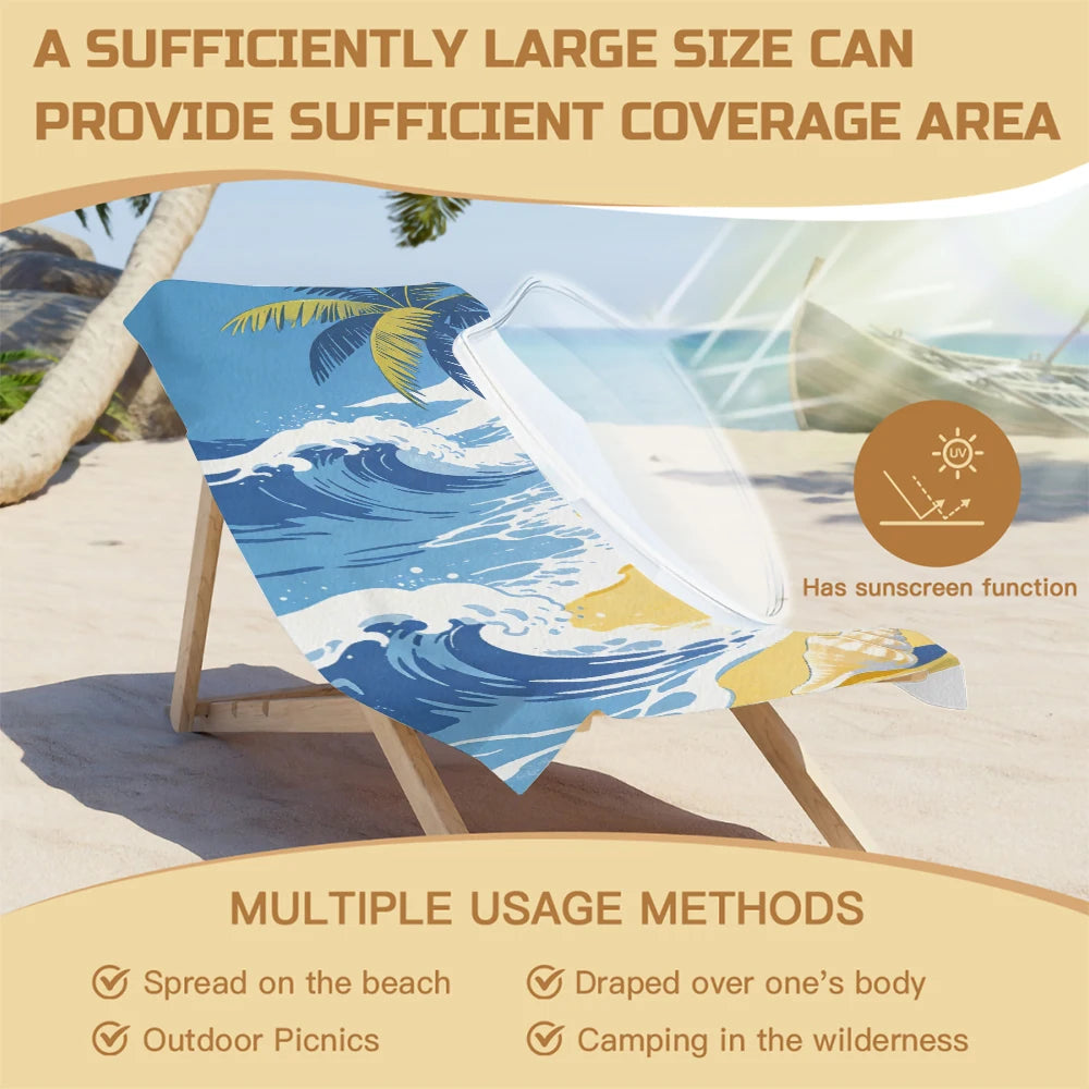 Tropical Beach Towel Palm Tree Ocean Wave Seashell Print Quick Dry Microfiber for Pool Travel Bathroom Decor 28 x 55 Inch