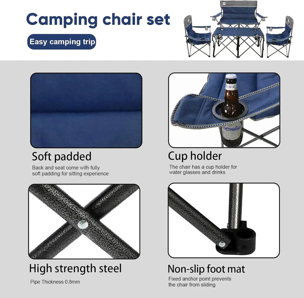 4-Piece Folding Camping Set with Sofa, 2 Chairs & Table for Outdoor Travel, Beach, Patio (Blue)