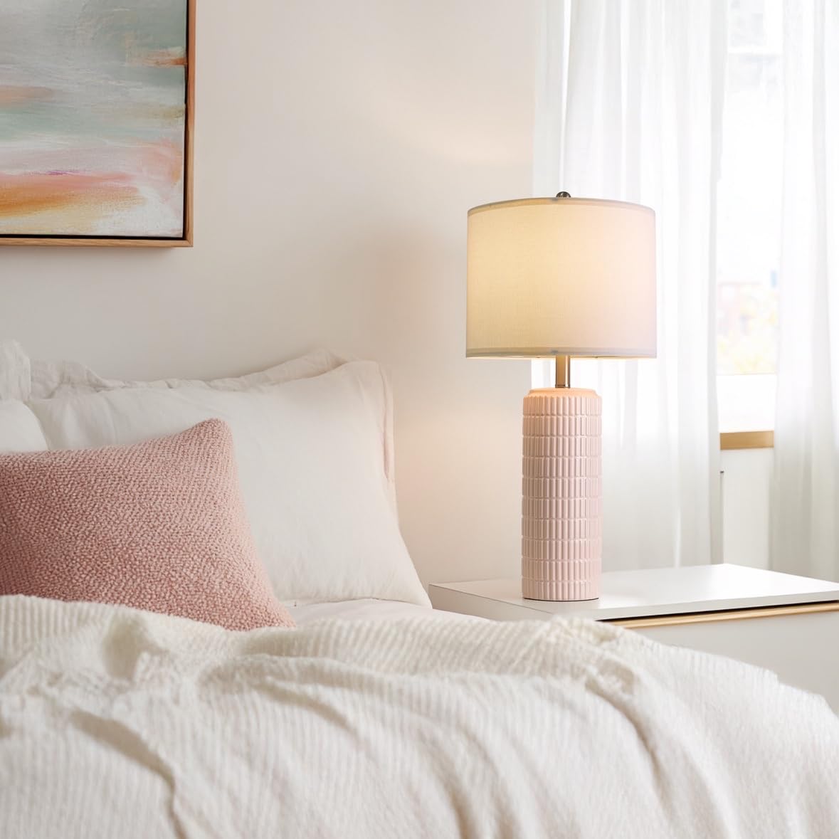 PoKat 23" Modern Ceramic Table Lamp Set of 2 for Living Room White Desk Lamps for Bedroom Farmhouse Bedside Nightstand Lamp House Warming Gifts New Home Decor End Table Lamps Gifts for Women Mom Beige