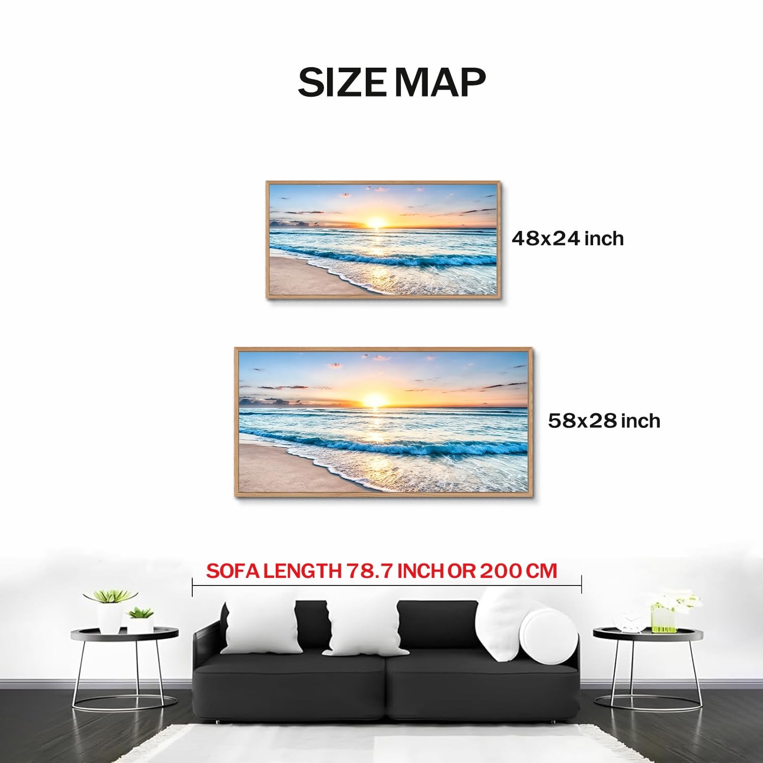 TIHUSAGO Framed Beach Wall Art Large Ocean Canvas Print for Living Room Bedroom Office Modern Coastal Wall Decor Artwork Decoration (24x48 inches)