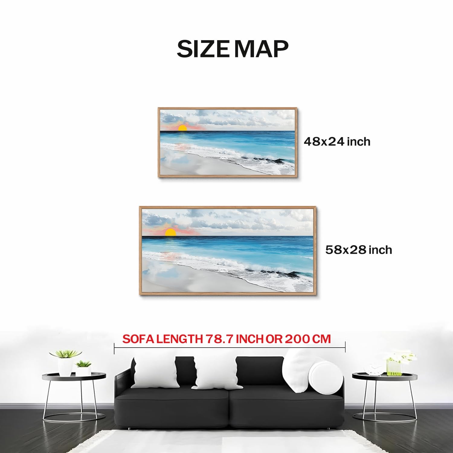 TIHUSAGO Framed Beach Wall Art Large Ocean Canvas Print for Living Room Bedroom Office Modern Coastal Wall Decor Artwork Decoration (24x48 inches)