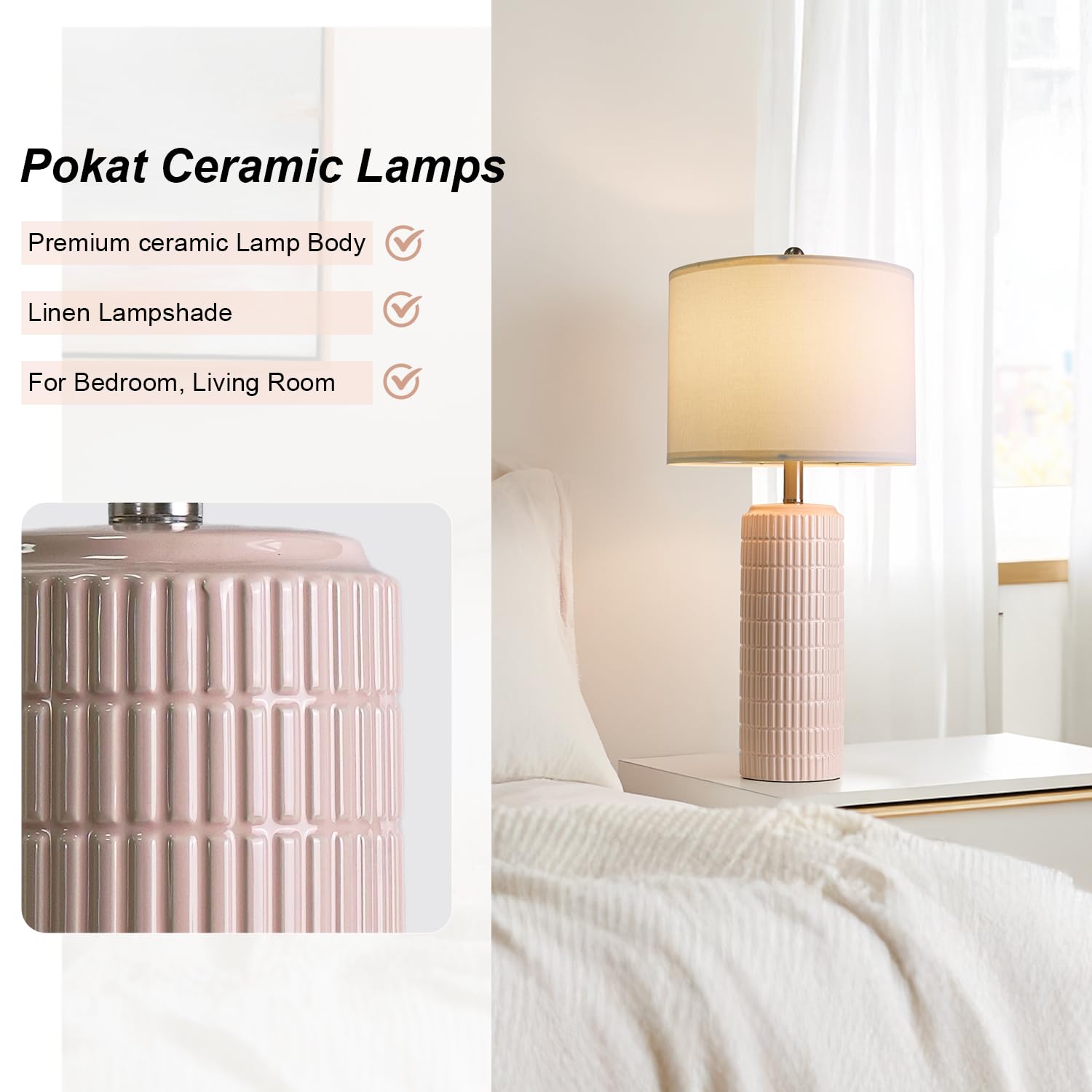 PoKat 23" Modern Ceramic Table Lamp Set of 2 for Living Room White Desk Lamps for Bedroom Farmhouse Bedside Nightstand Lamp House Warming Gifts New Home Decor End Table Lamps Gifts for Women Mom Beige