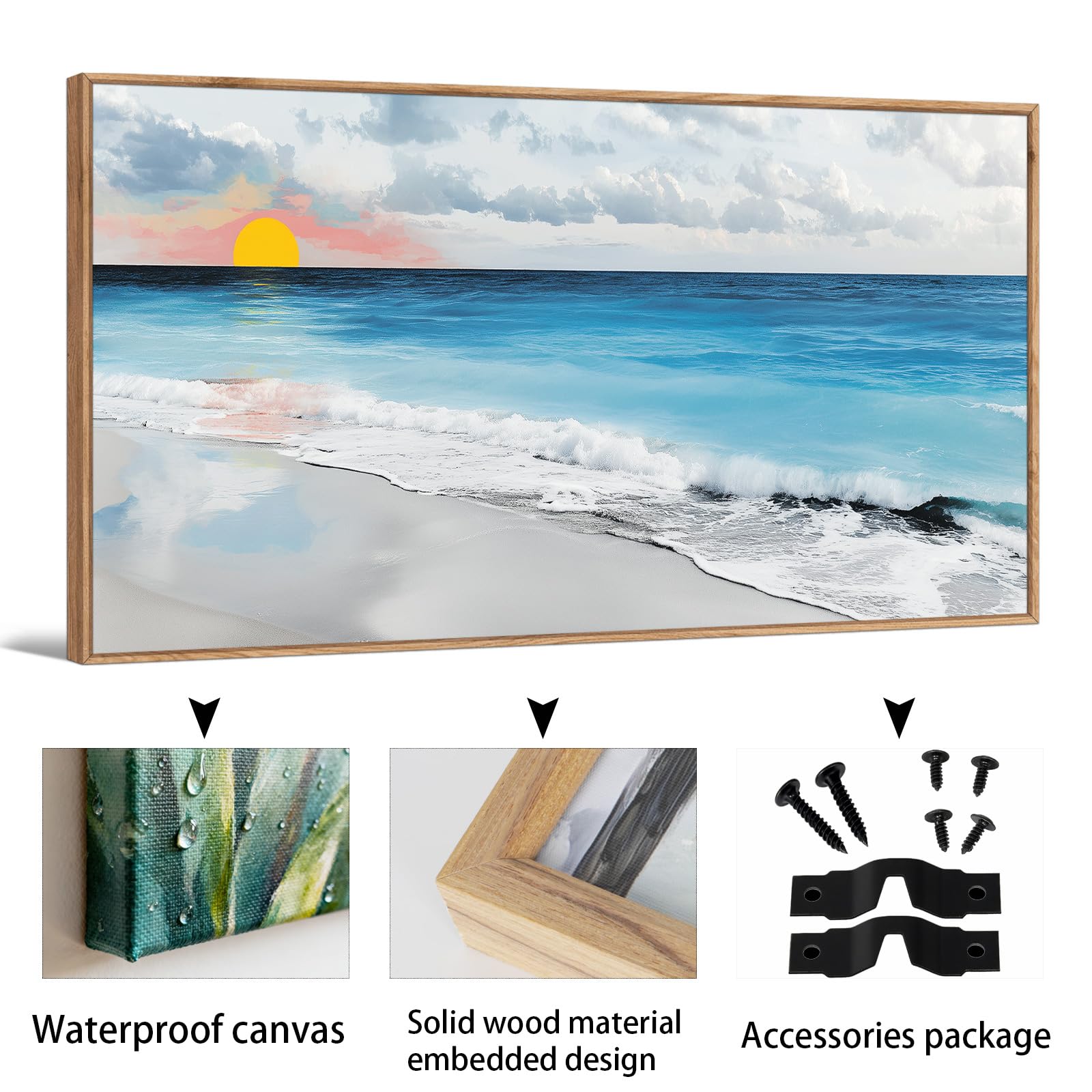 TIHUSAGO Framed Beach Wall Art Large Ocean Canvas Print for Living Room Bedroom Office Modern Coastal Wall Decor Artwork Decoration (24x48 inches)