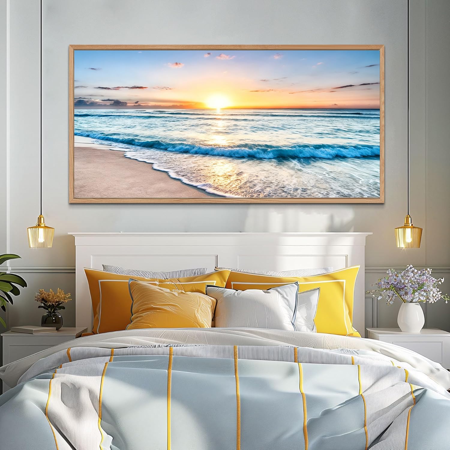 TIHUSAGO Framed Beach Wall Art Large Ocean Canvas Print for Living Room Bedroom Office Modern Coastal Wall Decor Artwork Decoration (24x48 inches)