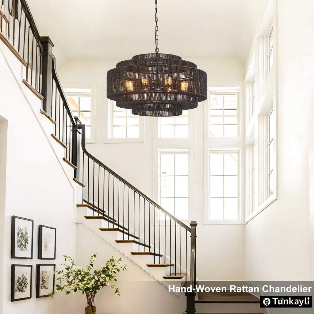 Hand-Woven Rattan Chandelier Large Boho Chandelier Living Room 25.6in Coastal 6-Light Farmhouse Vintage Wicker Bamboo Chandeliers for Bedroom Dining Room Stairway