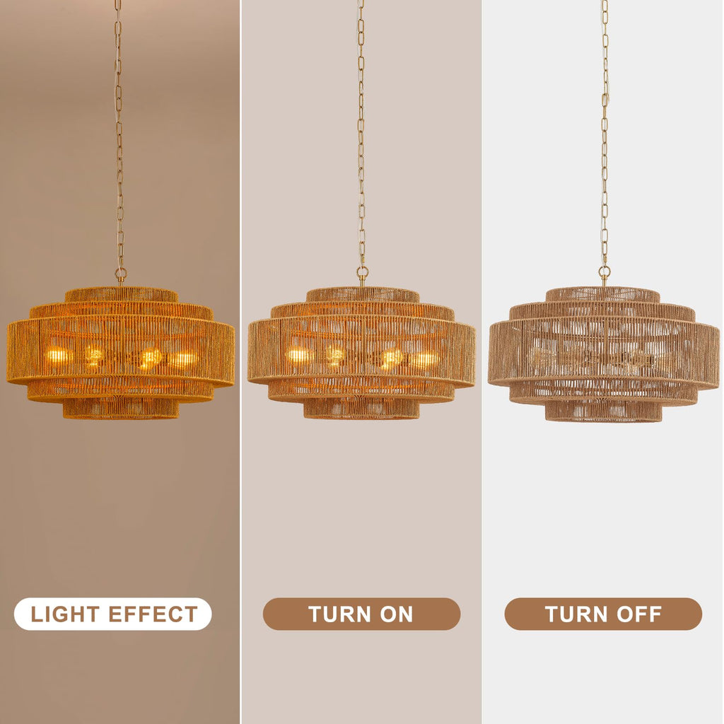 Hand-Woven Rattan Chandelier Large Boho Chandelier Living Room 25.6in Coastal 6-Light Farmhouse Vintage Wicker Bamboo Chandeliers for Bedroom Dining Room Stairway