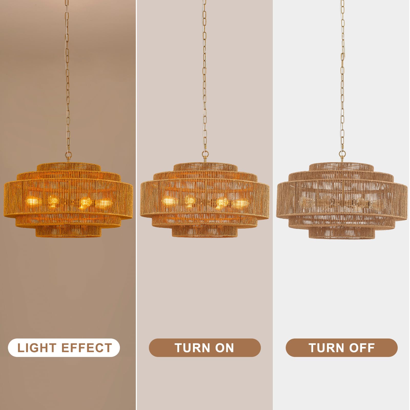 Hand-Woven Rattan Chandelier Large Boho Chandelier Living Room 25.6in Coastal 6-Light Farmhouse Vintage Wicker Bamboo Chandeliers for Bedroom Dining Room Stairway