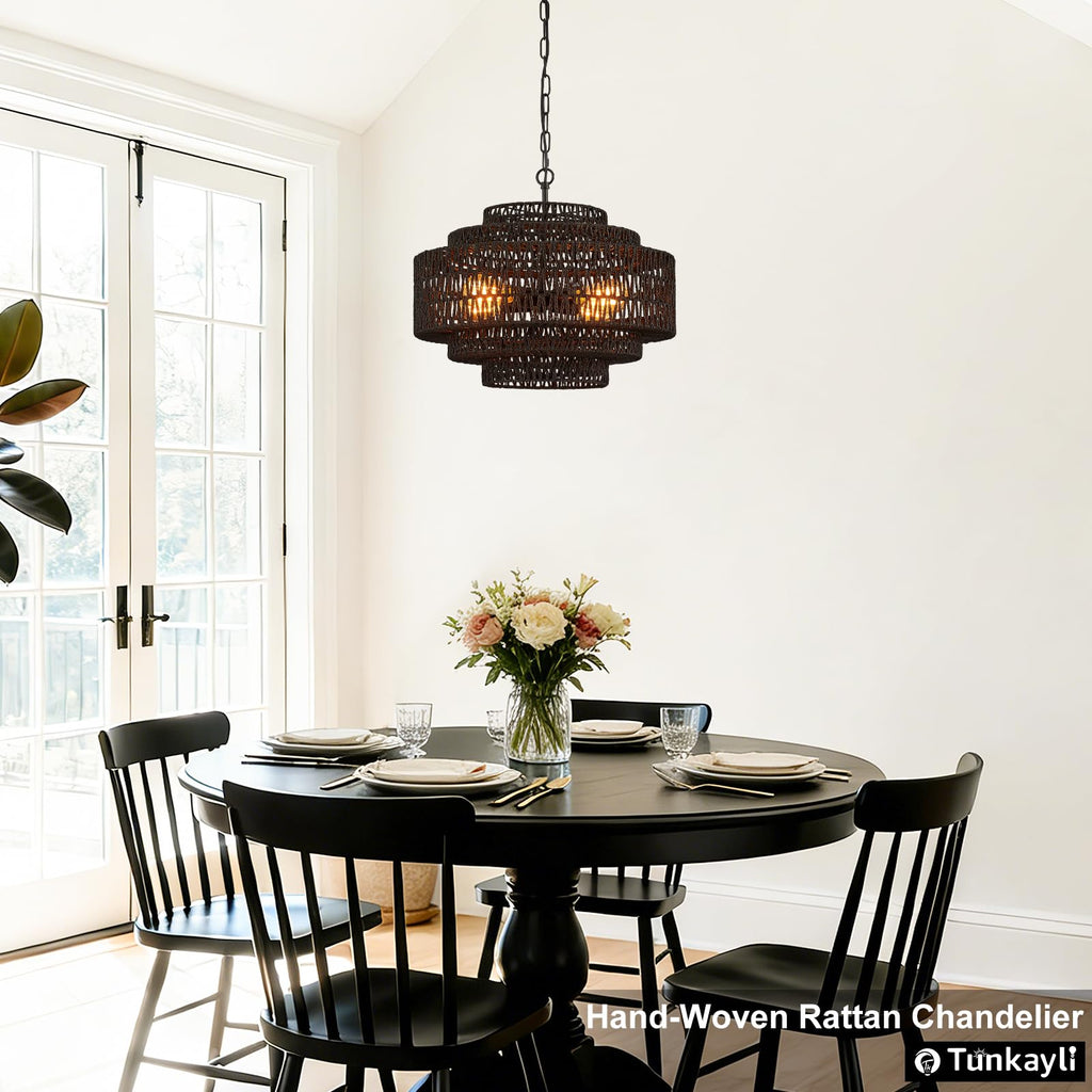 Hand-Woven Rattan Chandelier Large Boho Chandelier Living Room 25.6in Coastal 6-Light Farmhouse Vintage Wicker Bamboo Chandeliers for Bedroom Dining Room Stairway