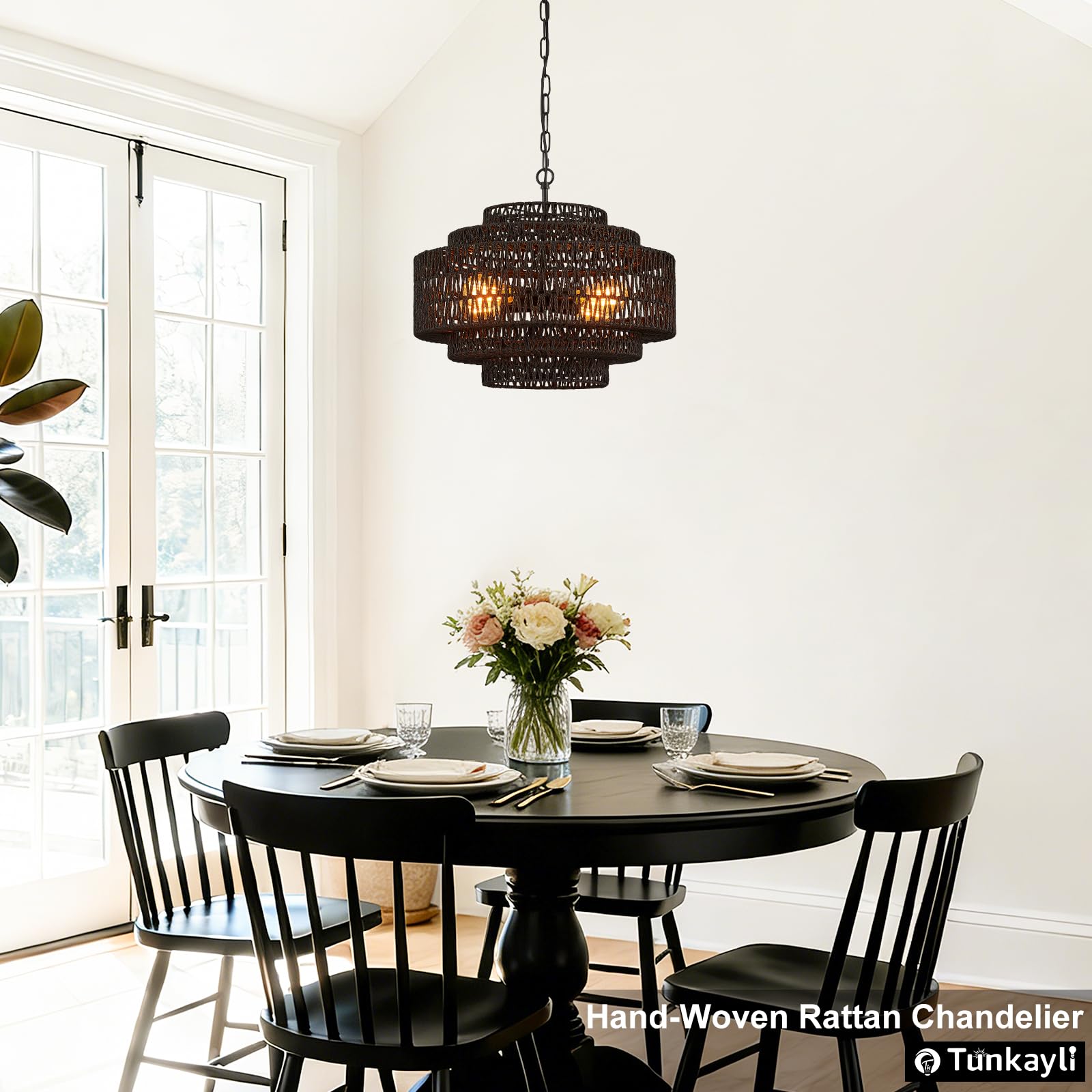Hand-Woven Rattan Chandelier Large Boho Chandelier Living Room 25.6in Coastal 6-Light Farmhouse Vintage Wicker Bamboo Chandeliers for Bedroom Dining Room Stairway