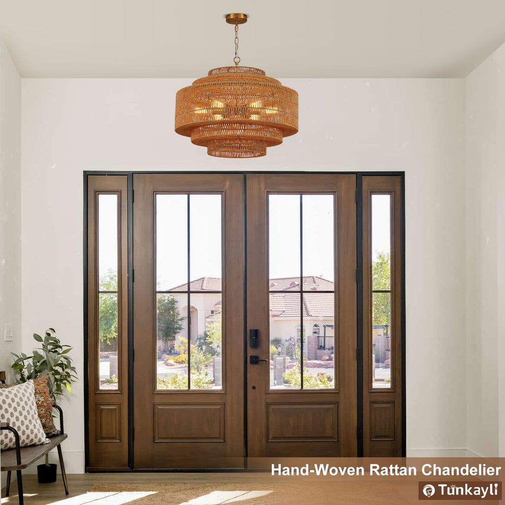 Hand-Woven Rattan Chandelier Large Boho Chandelier Living Room 25.6in Coastal 6-Light Farmhouse Vintage Wicker Bamboo Chandeliers for Bedroom Dining Room Stairway