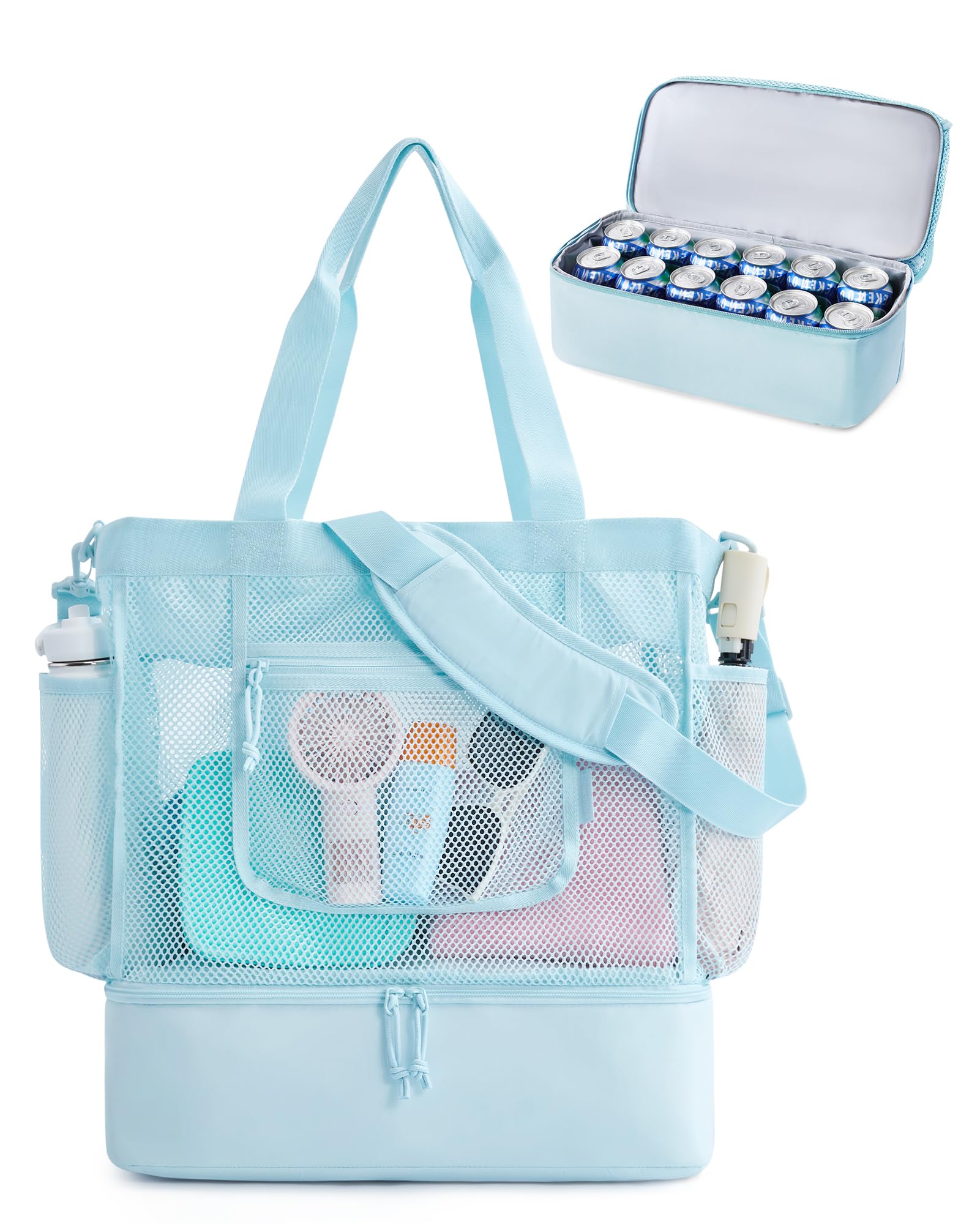 BAGSMART Beach Bag for Women, Mesh Tote Bags with Zipper, Sandproof Vacation Essentials with Cooler for Swim Cruise Pool