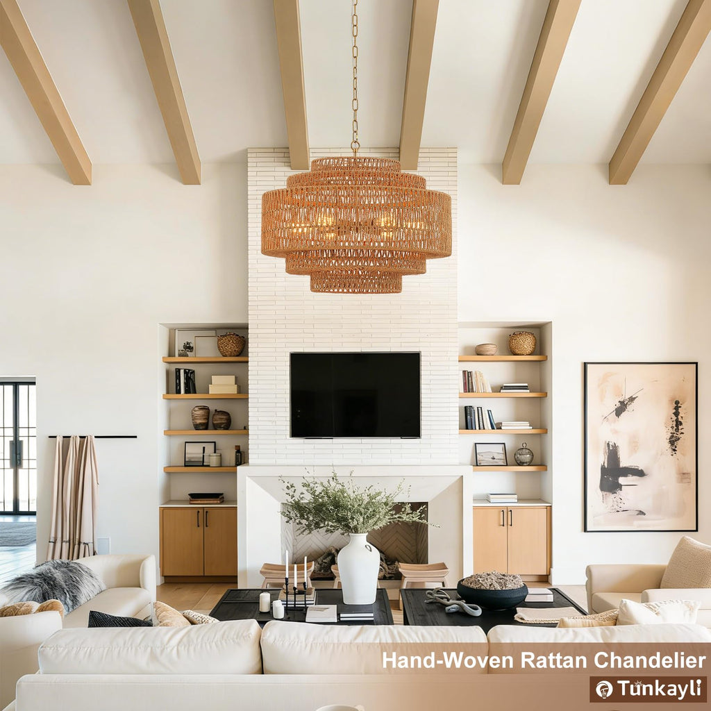 Hand-Woven Rattan Chandelier Large Boho Chandelier Living Room 25.6in Coastal 6-Light Farmhouse Vintage Wicker Bamboo Chandeliers for Bedroom Dining Room Stairway