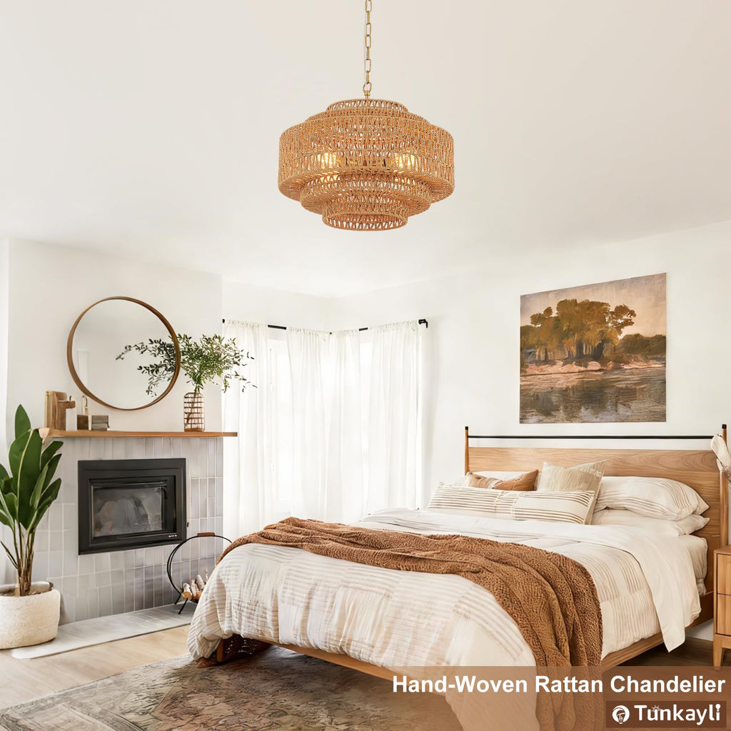 Hand-Woven Rattan Chandelier Large Boho Chandelier Living Room 25.6in Coastal 6-Light Farmhouse Vintage Wicker Bamboo Chandeliers for Bedroom Dining Room Stairway