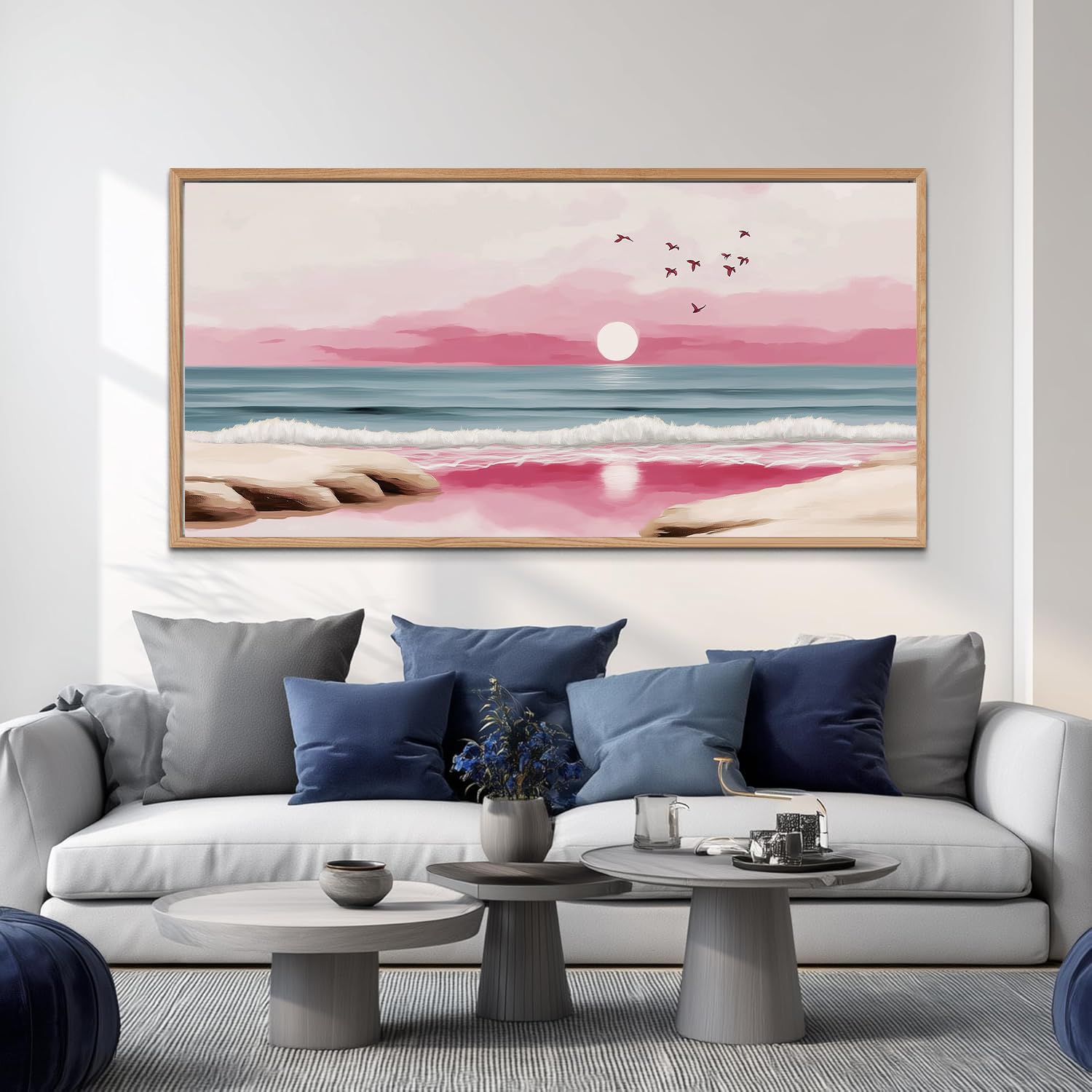 TIHUSAGO Framed Beach Wall Art Large Ocean Canvas Print for Living Room Bedroom Office Modern Coastal Wall Decor Artwork Decoration (24x48 inches)