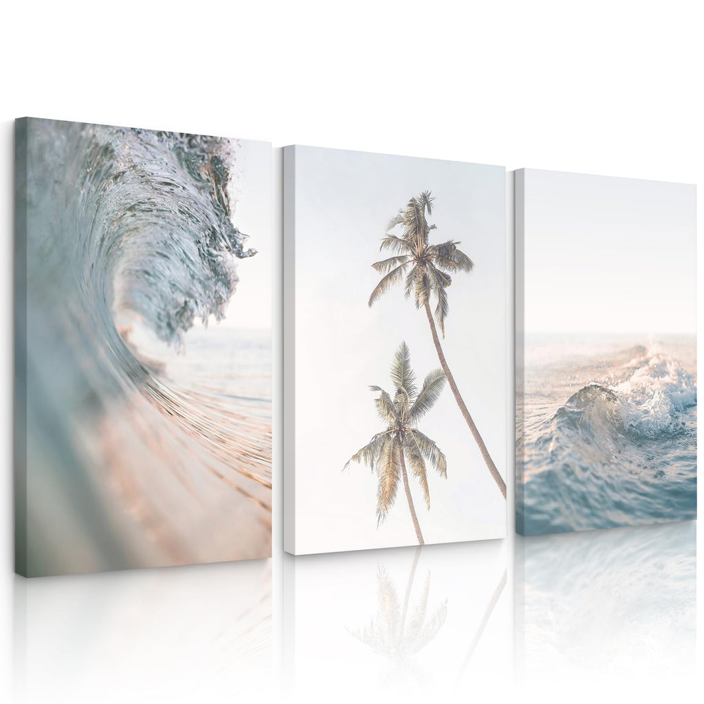 Beach Wall Art Decor Coastal Ocean Poster Palm Tree Canvas Wall Decor Beachy Room Aesthetic Pictures Blue Waves Prints Beach Coasta Artwork for Bedroom Living Room 8x10 Inch Unframed Set of 3