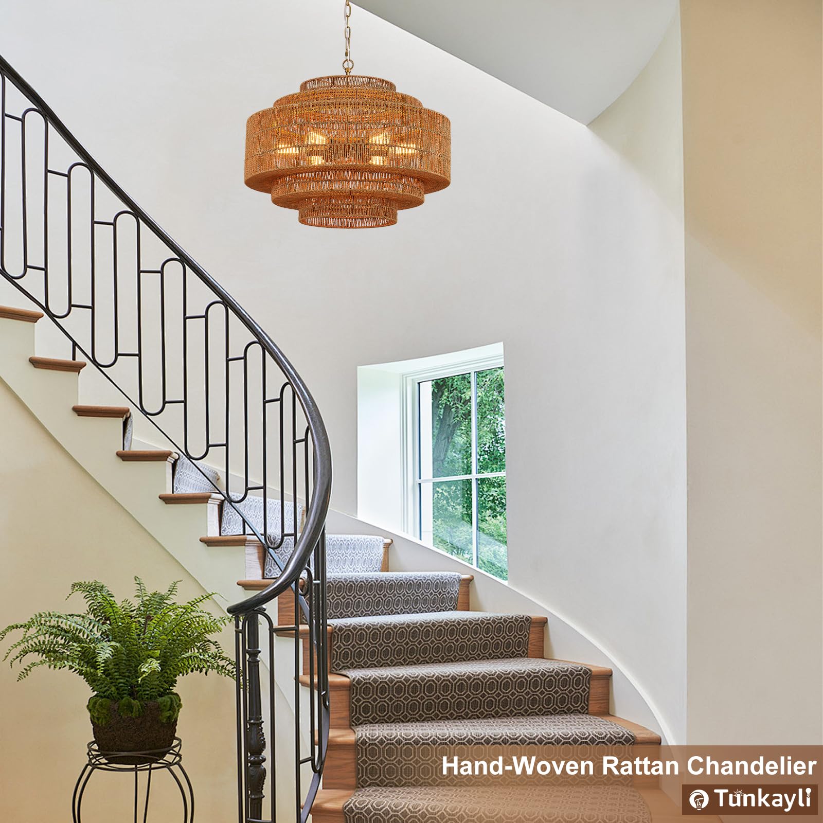 Hand-Woven Rattan Chandelier Large Boho Chandelier Living Room 25.6in Coastal 6-Light Farmhouse Vintage Wicker Bamboo Chandeliers for Bedroom Dining Room Stairway