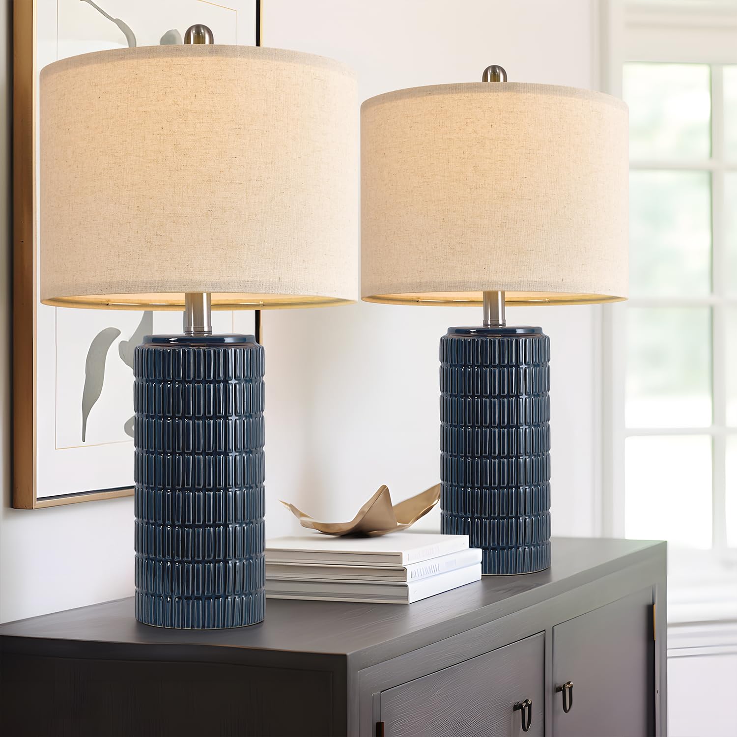 PoKat 23" Modern Ceramic Table Lamp Set of 2 for Living Room White Desk Lamps for Bedroom Farmhouse Bedside Nightstand Lamp House Warming Gifts New Home Decor End Table Lamps Gifts for Women Mom Beige