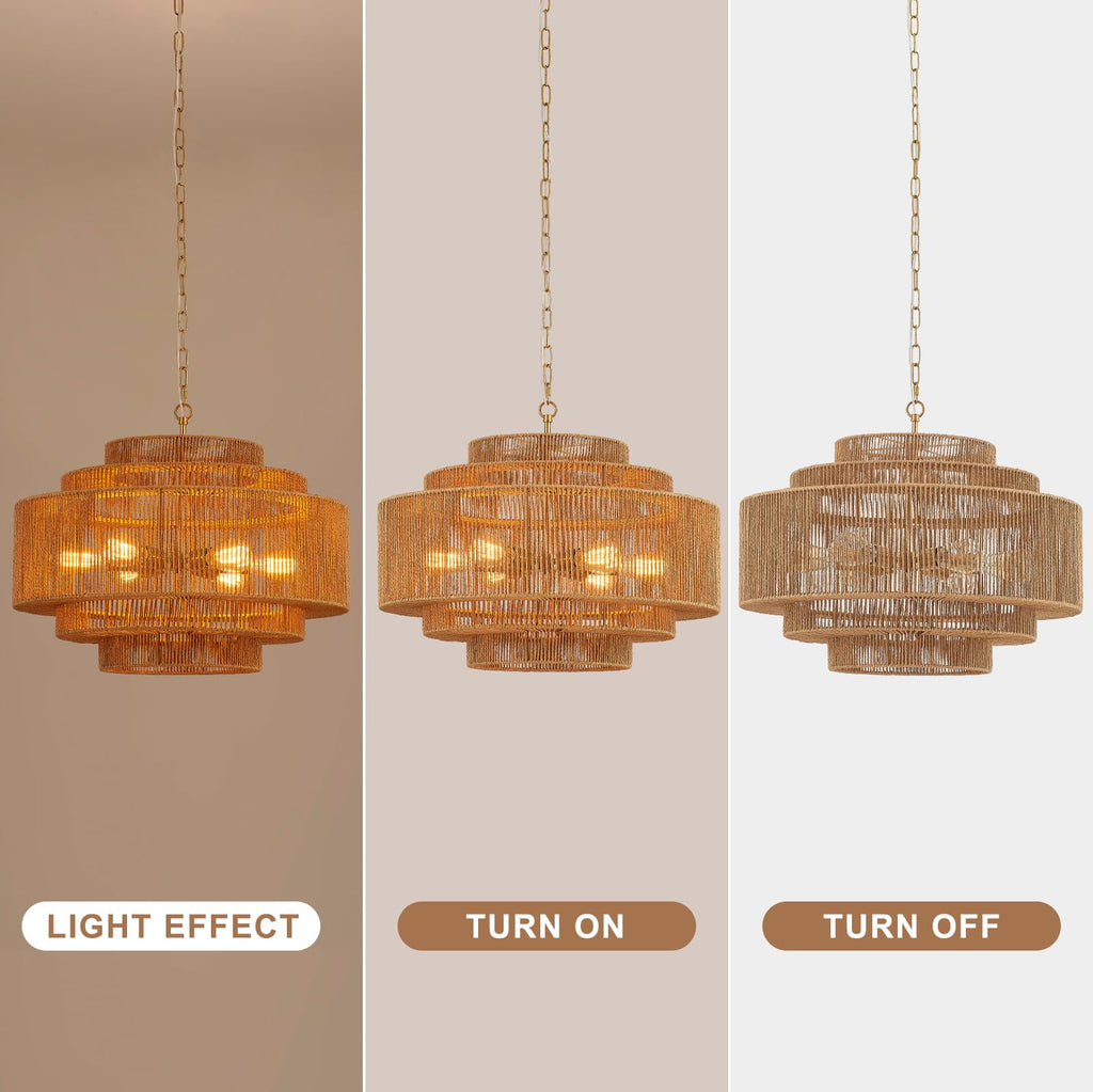 Hand-Woven Rattan Chandelier Large Boho Chandelier Living Room 25.6in Coastal 6-Light Farmhouse Vintage Wicker Bamboo Chandeliers for Bedroom Dining Room Stairway