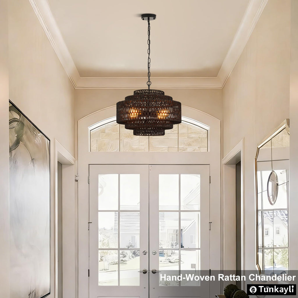 Hand-Woven Rattan Chandelier Large Boho Chandelier Living Room 25.6in Coastal 6-Light Farmhouse Vintage Wicker Bamboo Chandeliers for Bedroom Dining Room Stairway