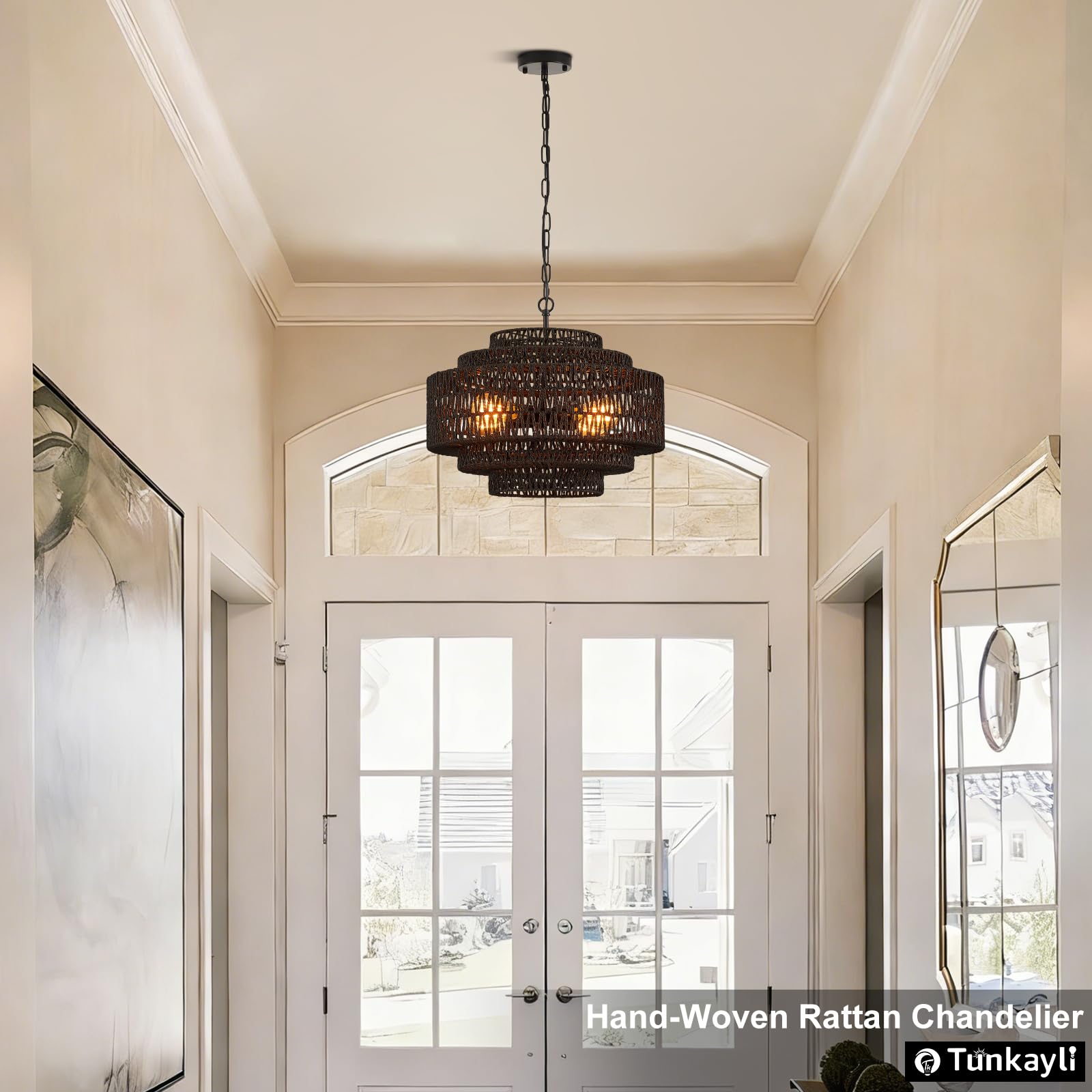 Hand-Woven Rattan Chandelier Large Boho Chandelier Living Room 25.6in Coastal 6-Light Farmhouse Vintage Wicker Bamboo Chandeliers for Bedroom Dining Room Stairway