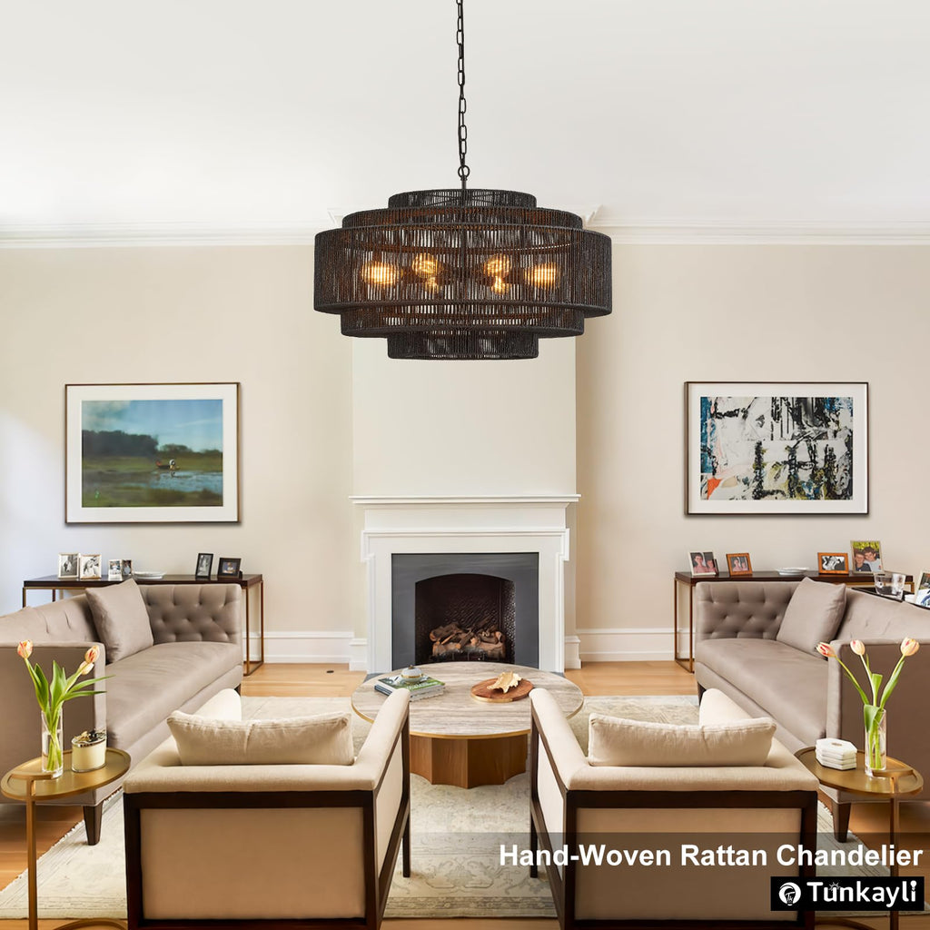 Hand-Woven Rattan Chandelier Large Boho Chandelier Living Room 25.6in Coastal 6-Light Farmhouse Vintage Wicker Bamboo Chandeliers for Bedroom Dining Room Stairway
