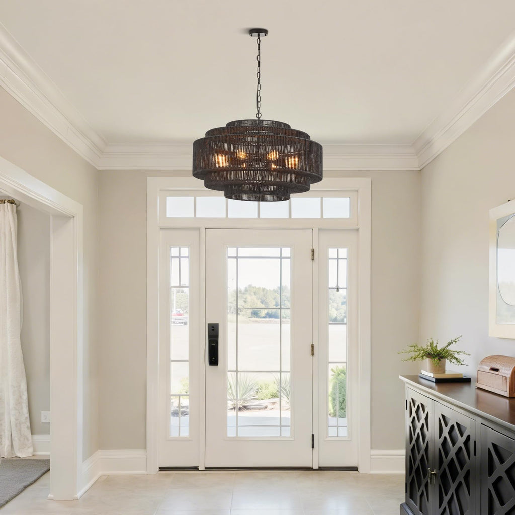 Hand-Woven Rattan Chandelier Large Boho Chandelier Living Room 25.6in Coastal 6-Light Farmhouse Vintage Wicker Bamboo Chandeliers for Bedroom Dining Room Stairway
