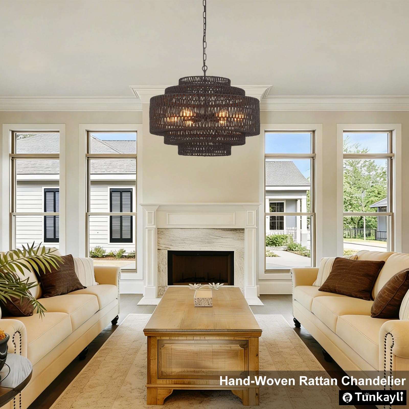 Hand-Woven Rattan Chandelier Large Boho Chandelier Living Room 25.6in Coastal 6-Light Farmhouse Vintage Wicker Bamboo Chandeliers for Bedroom Dining Room Stairway