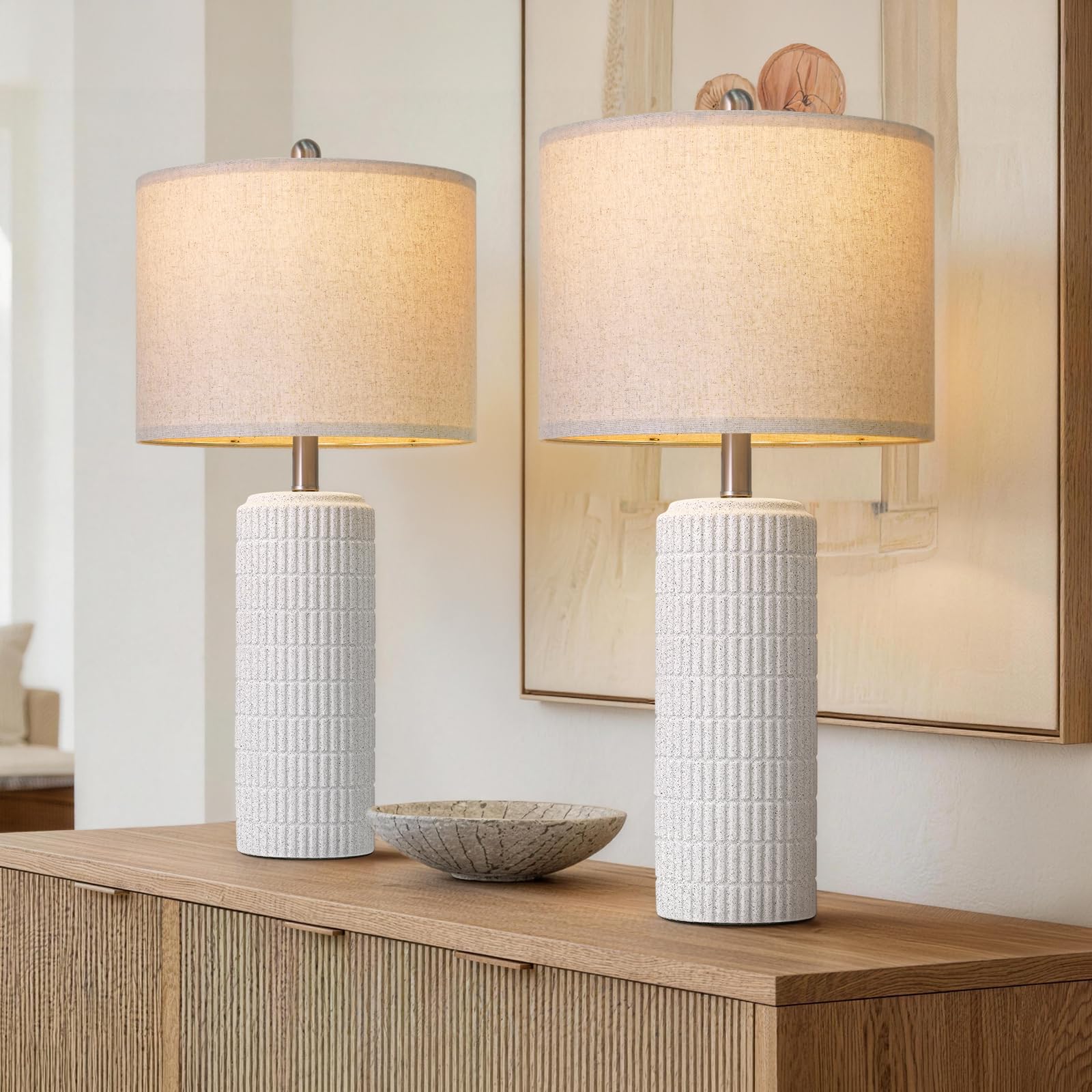 PoKat 23" Modern Ceramic Table Lamp Set of 2 for Living Room White Desk Lamps for Bedroom Farmhouse Bedside Nightstand Lamp House Warming Gifts New Home Decor End Table Lamps Gifts for Women Mom Beige