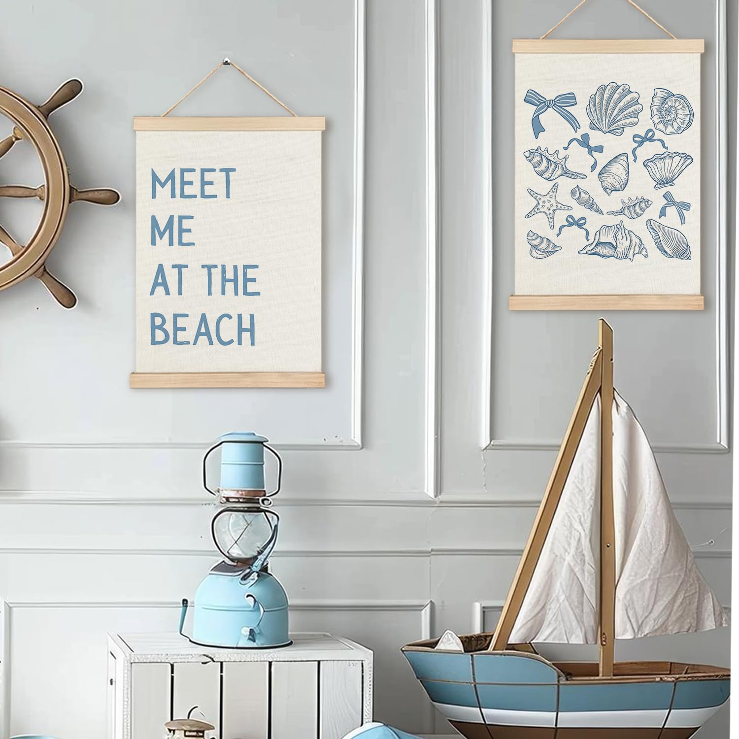 RYYCDOI Coastal Cowgirl Beach Room Decor Set of 2, Aesthetic Seashell Wall Decor, Blue Beach Decor for Teen Girls Room, 12x16 Inches