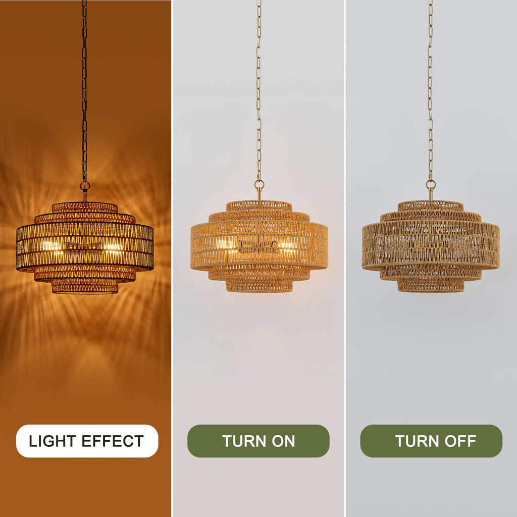 Hand-Woven Rattan Chandelier Large Boho Chandelier Living Room 25.6in Coastal 6-Light Farmhouse Vintage Wicker Bamboo Chandeliers for Bedroom Dining Room Stairway