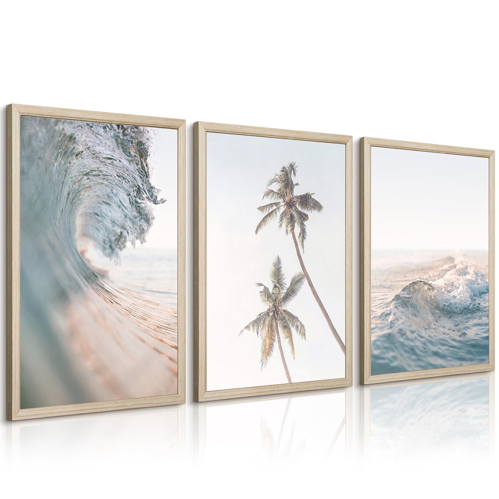 Beach Wall Art Decor Coastal Ocean Poster Palm Tree Canvas Wall Decor Beachy Room Aesthetic Pictures Blue Waves Prints Beach Coasta Artwork for Bedroom Living Room 8x10 Inch Unframed Set of 3