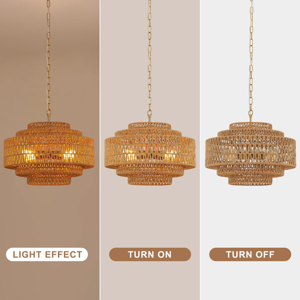 Hand-Woven Rattan Chandelier Large Boho Chandelier Living Room 25.6in Coastal 6-Light Farmhouse Vintage Wicker Bamboo Chandeliers for Bedroom Dining Room Stairway