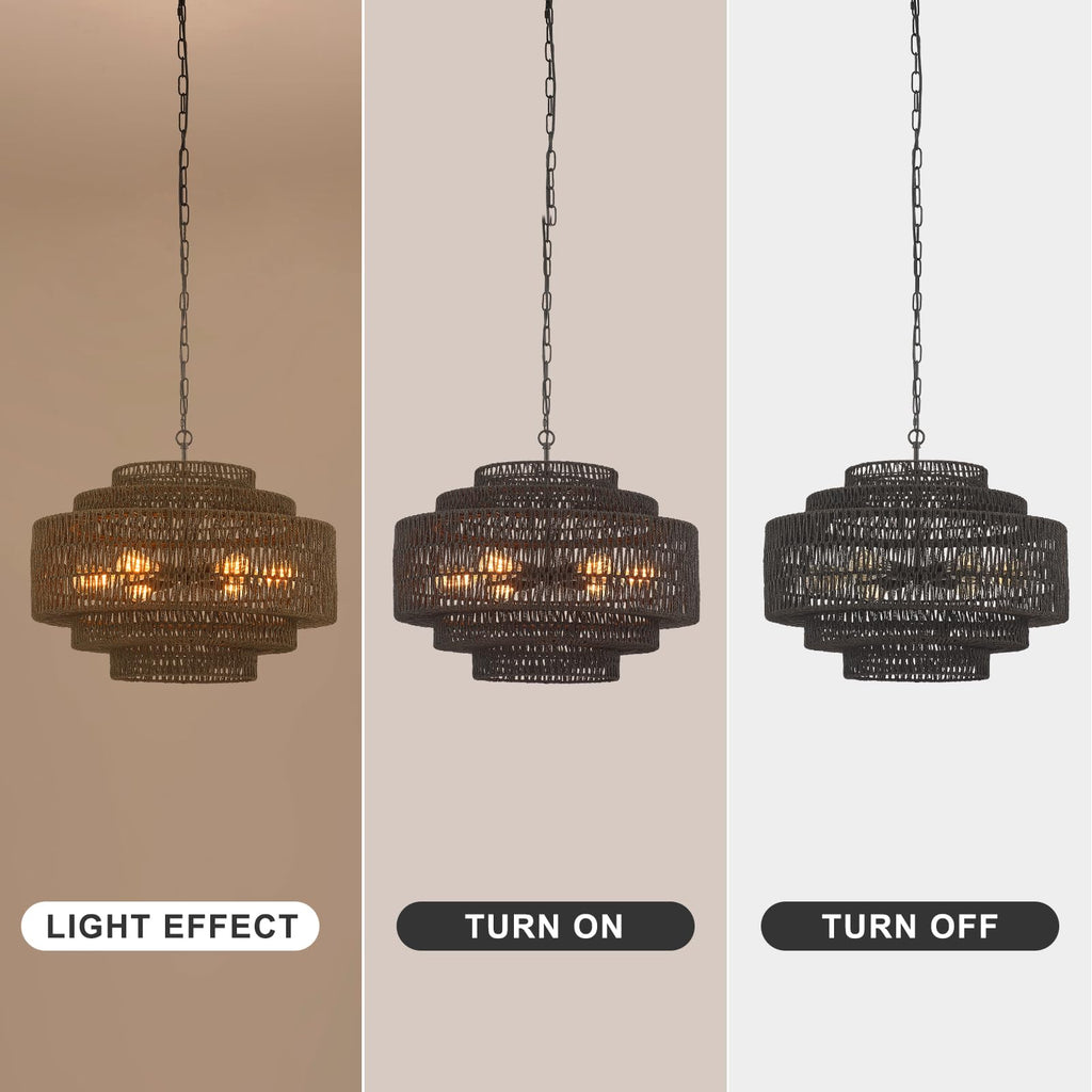 Hand-Woven Rattan Chandelier Large Boho Chandelier Living Room 25.6in Coastal 6-Light Farmhouse Vintage Wicker Bamboo Chandeliers for Bedroom Dining Room Stairway