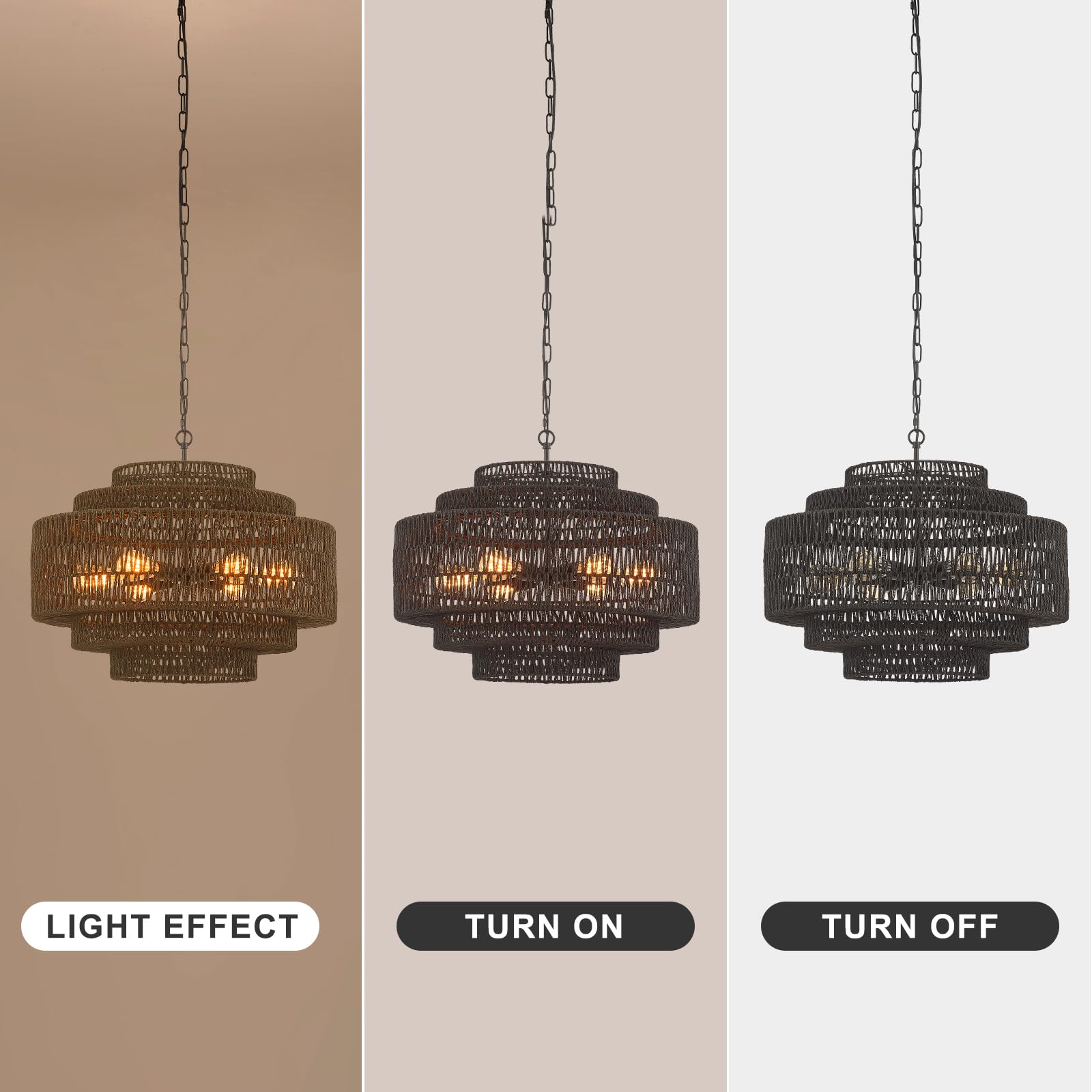 Hand-Woven Rattan Chandelier Large Boho Chandelier Living Room 25.6in Coastal 6-Light Farmhouse Vintage Wicker Bamboo Chandeliers for Bedroom Dining Room Stairway