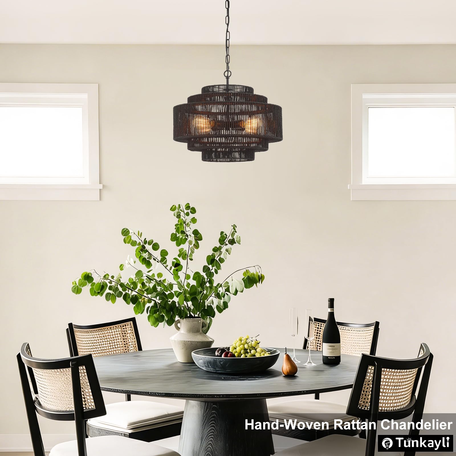 Hand-Woven Rattan Chandelier Large Boho Chandelier Living Room 25.6in Coastal 6-Light Farmhouse Vintage Wicker Bamboo Chandeliers for Bedroom Dining Room Stairway