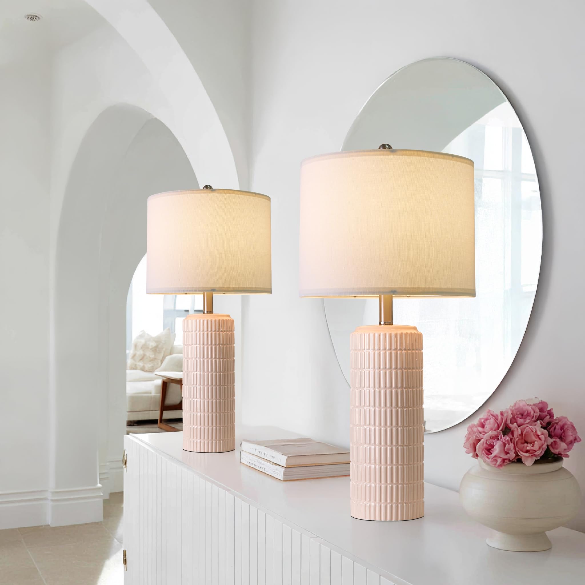 PoKat 23" Modern Ceramic Table Lamp Set of 2 for Living Room White Desk Lamps for Bedroom Farmhouse Bedside Nightstand Lamp House Warming Gifts New Home Decor End Table Lamps Gifts for Women Mom Beige