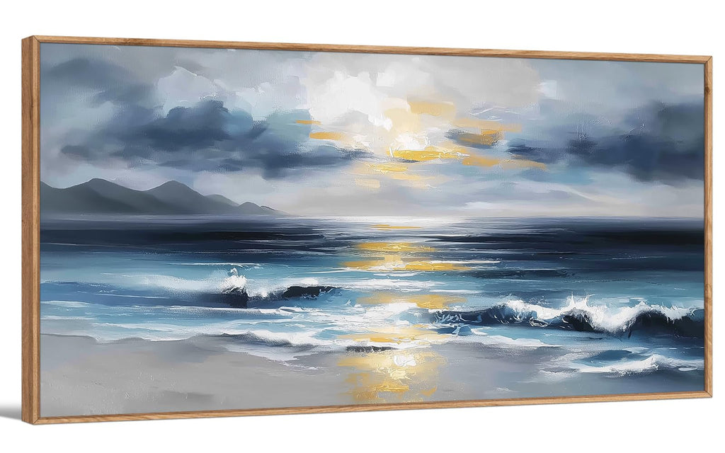 TIHUSAGO Framed Beach Wall Art Large Ocean Canvas Print for Living Room Bedroom Office Modern Coastal Wall Decor Artwork Decoration (24x48 inches)