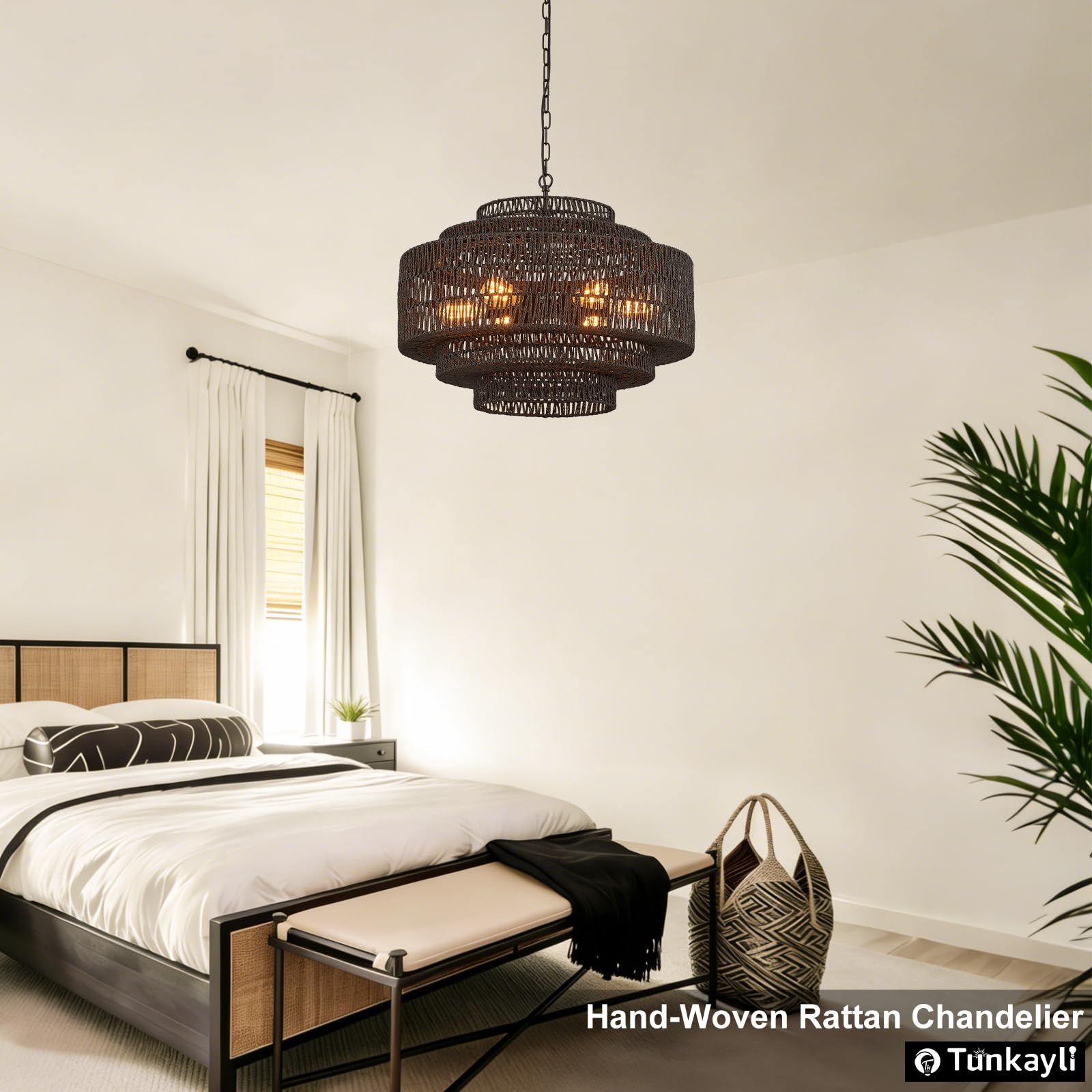 Hand-Woven Rattan Chandelier Large Boho Chandelier Living Room 25.6in Coastal 6-Light Farmhouse Vintage Wicker Bamboo Chandeliers for Bedroom Dining Room Stairway
