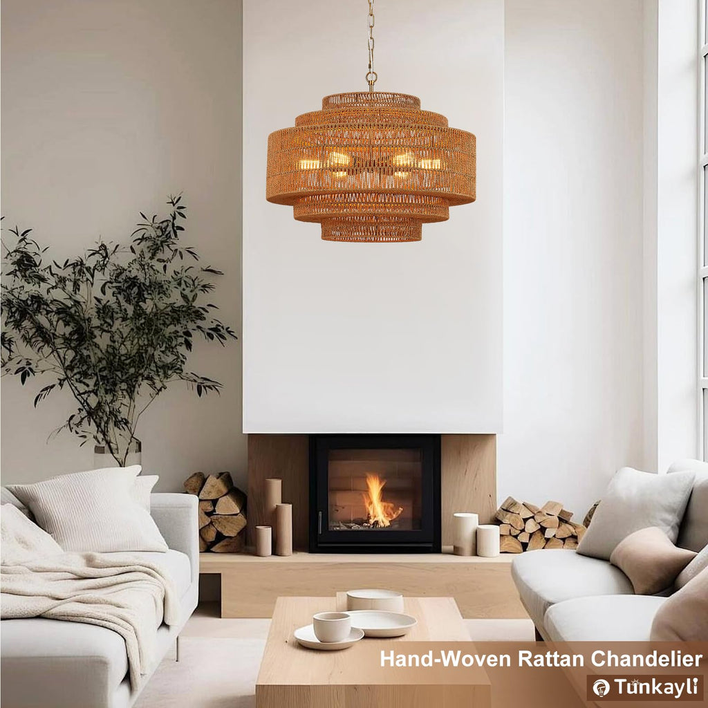 Hand-Woven Rattan Chandelier Large Boho Chandelier Living Room 25.6in Coastal 6-Light Farmhouse Vintage Wicker Bamboo Chandeliers for Bedroom Dining Room Stairway