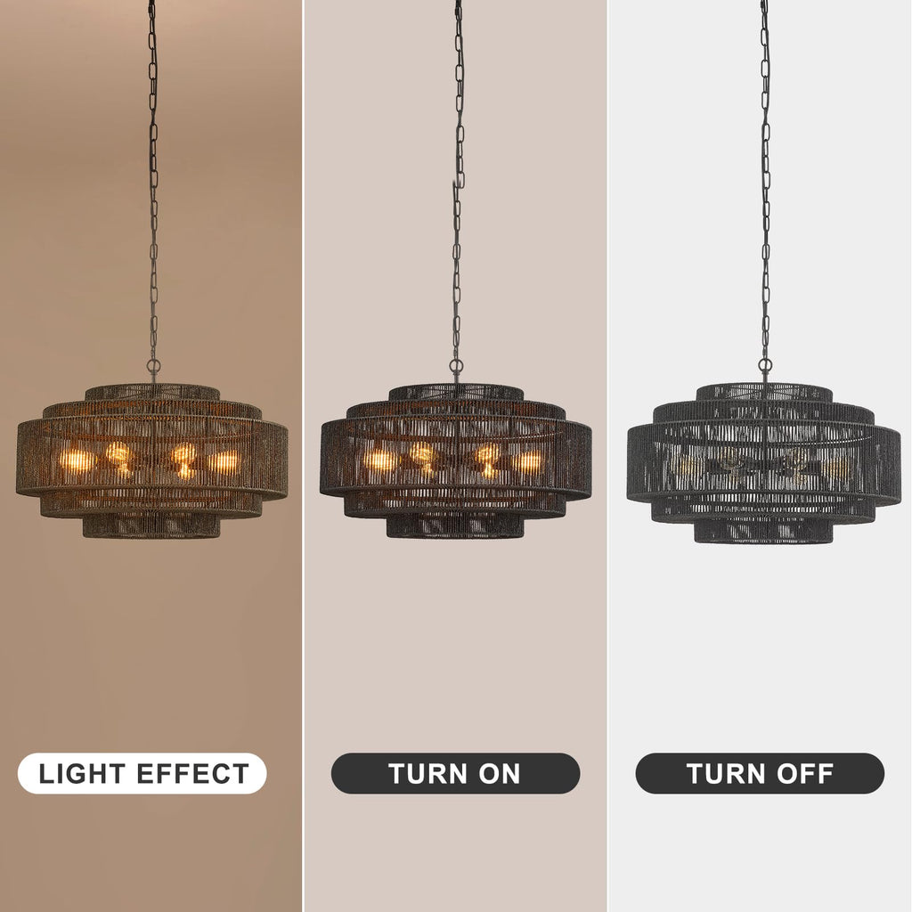Hand-Woven Rattan Chandelier Large Boho Chandelier Living Room 25.6in Coastal 6-Light Farmhouse Vintage Wicker Bamboo Chandeliers for Bedroom Dining Room Stairway