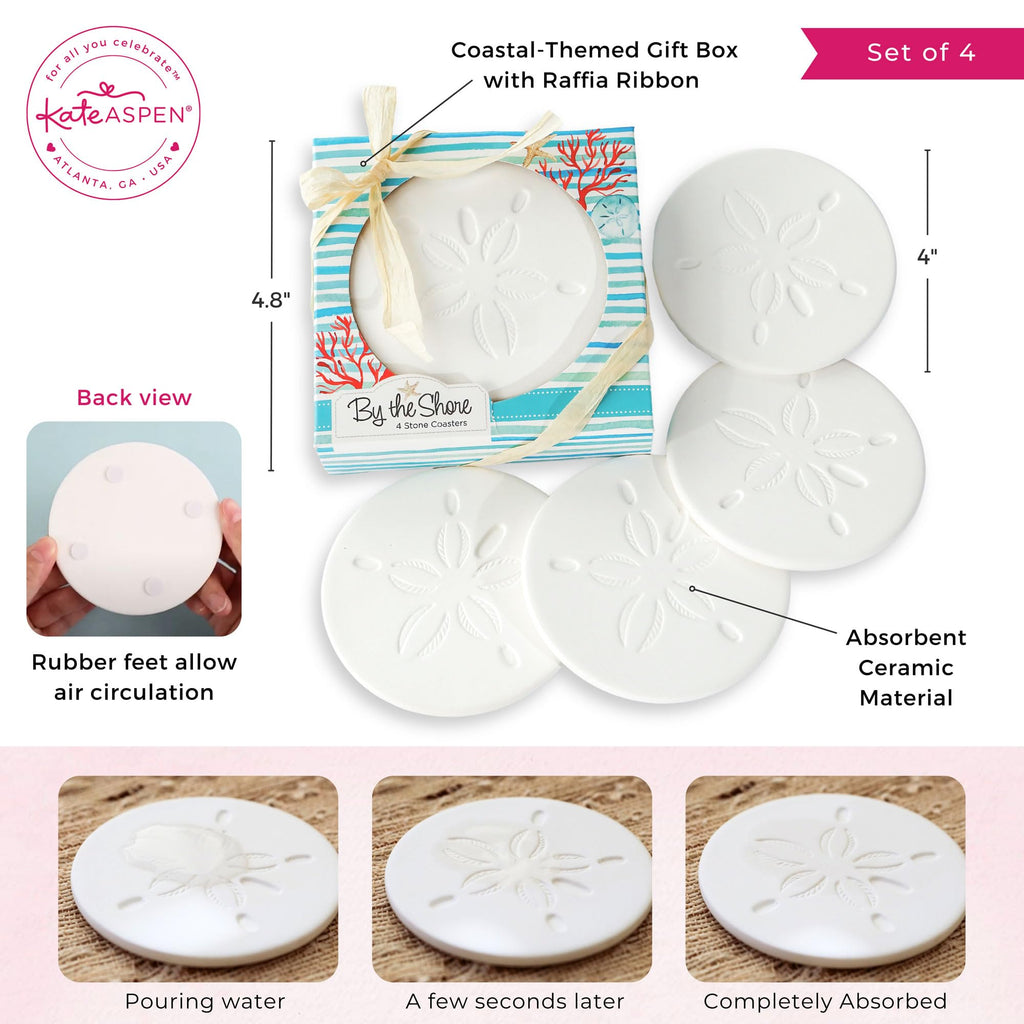 Kate Aspen Absorbent Sand Dollar Drink Coasters Set of 4– Coastal Decor, Nautical Home Decorations, Housewarming Gift, & Beach Themed Coasters for Drinks