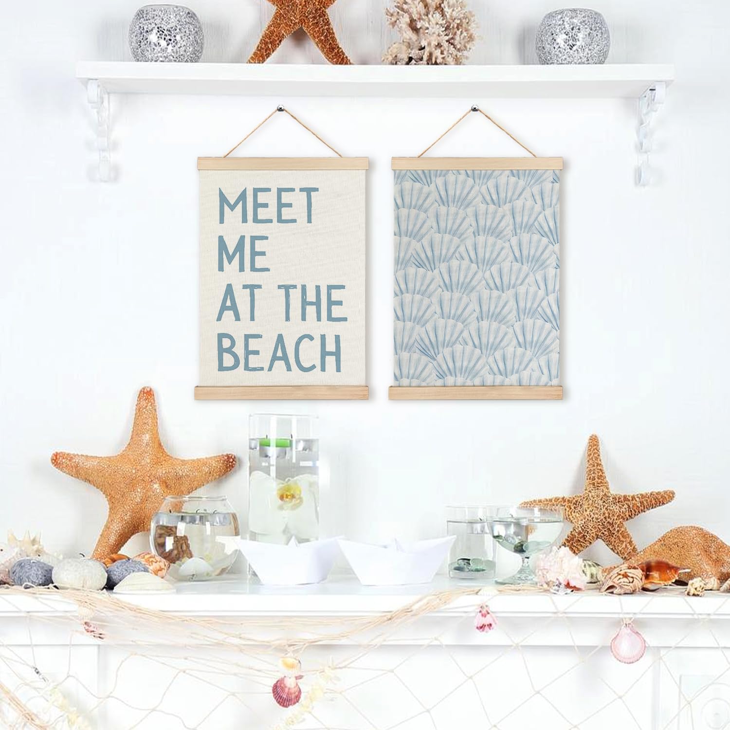 RYYCDOI Coastal Cowgirl Beach Room Decor Set of 2, Aesthetic Seashell Wall Decor, Blue Beach Decor for Teen Girls Room, 12x16 Inches
